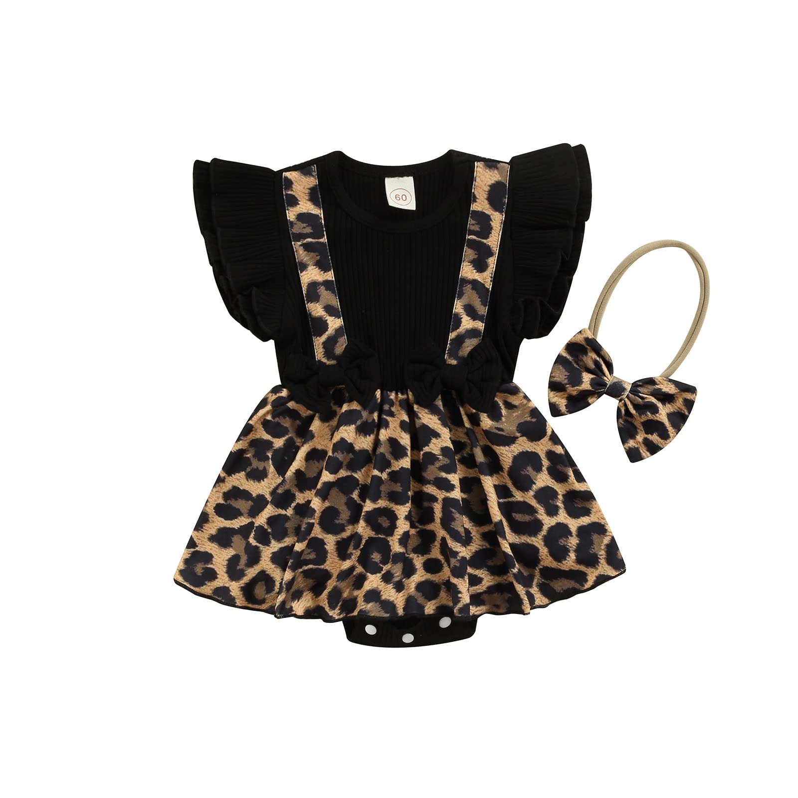 Douhoow Newborn Baby Girls Ribbed Knit Long Sleeve Shirt Top Floral Ruffle Suspender Shorts with Headband Infant Clothes Suits (Leopard , 6-9 Months )