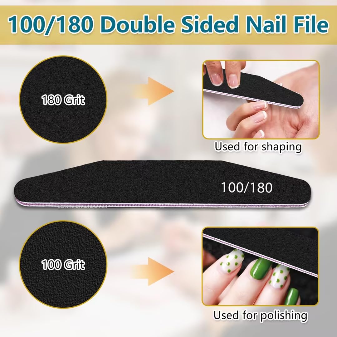 elzle 10 Pezzi Lime per Unghie Professionali, Lima per Unghie 100/180 Doppia Faccia con Mezza Luna Bilaterale, Set per Cura Unghie Lavabile Strumenti Manicure (Nero)
