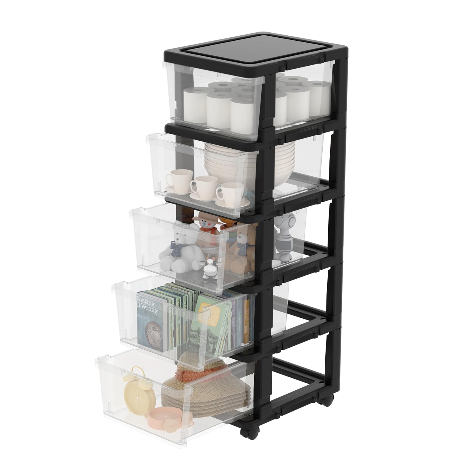 Cetomo Plastic Storage Drawers Unit, Storage Drawer on Locking Wheels, Tower with Interlocking Hooks for Home Office Closet Bedroom Dorm, Detachable, Free Combination, Clear and Black, 5 Drawers