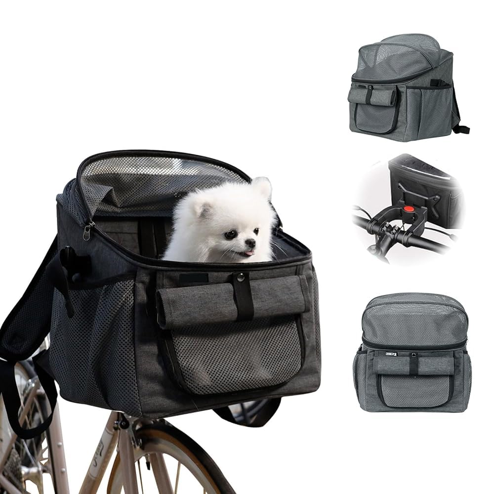 Cesta de bicicleta para perros, bolsa de bicicleta para mascotas con adaptador de manillar, desmontable, tejido de malla transpirable, correas ajustables, cesta plegable de bicicleta para mascotas