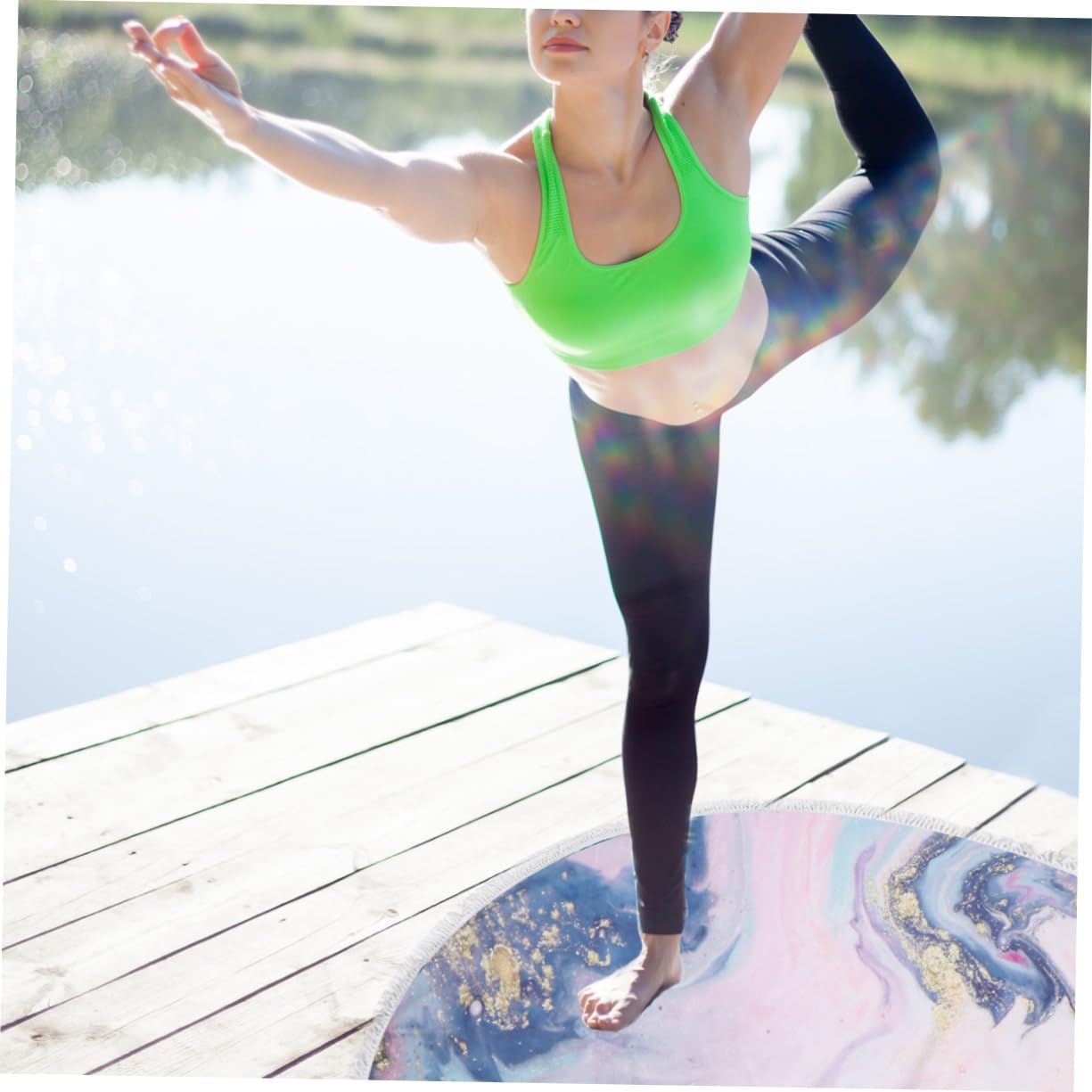 WOONEKY Rundes Strandtuch aus Polyester mit Marmormuster und Treibsand Druck Schnelltrocknendes Badetuch mit Quasten für Strand und Hot Yoga Reise