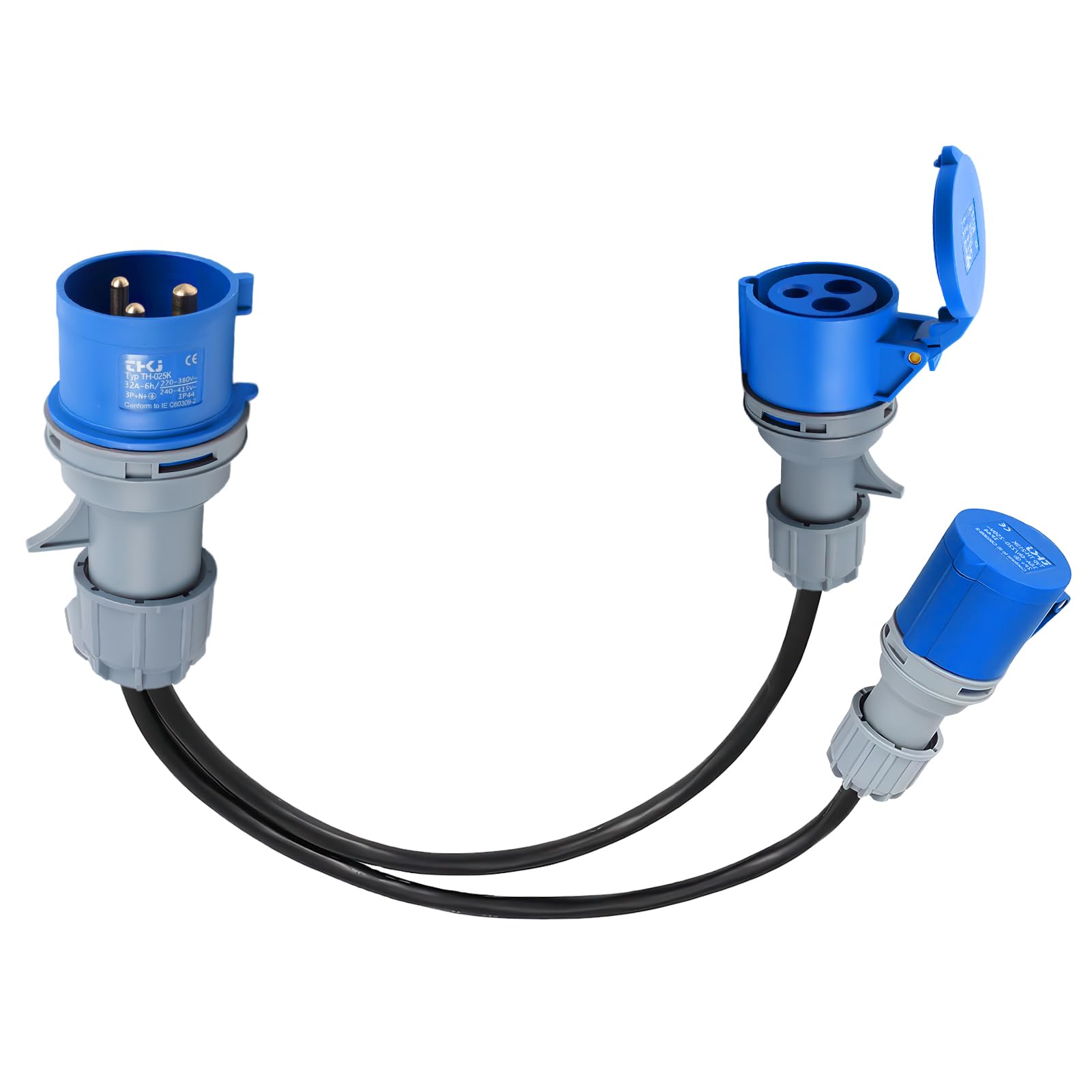 CEE-adapter 32A naar 2 × 16 A, sterke stroomadapter met 0,6 m kabel, IP44 bescherming, 3 x 2,5 mm² CEE-adapter 32A naar 2 × 16 A, sterke stroomadapter met 0,6 m kabel, IP44 bescherming, 3 x 2,5 mm²