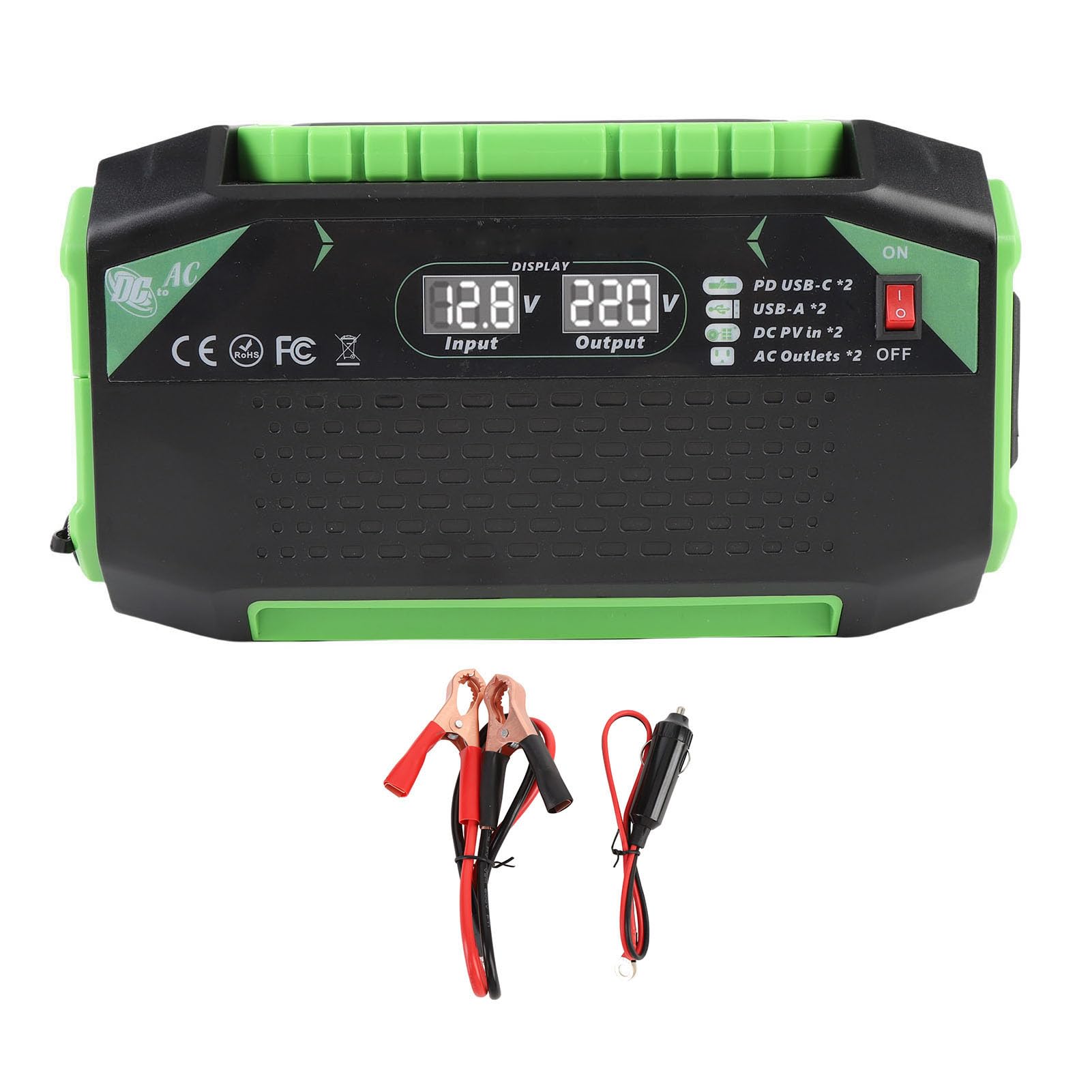 Luocute Ogranicznik Prądu Samochodowego 600 W, DC 12V do AC 20V Vehicle Vehicle ładowarka z 2 Gniazdkami, 2 USB C PD, 2 USB A, QC Szybkie ładowanie, Wyświetlacz Napięcia, Wentylator