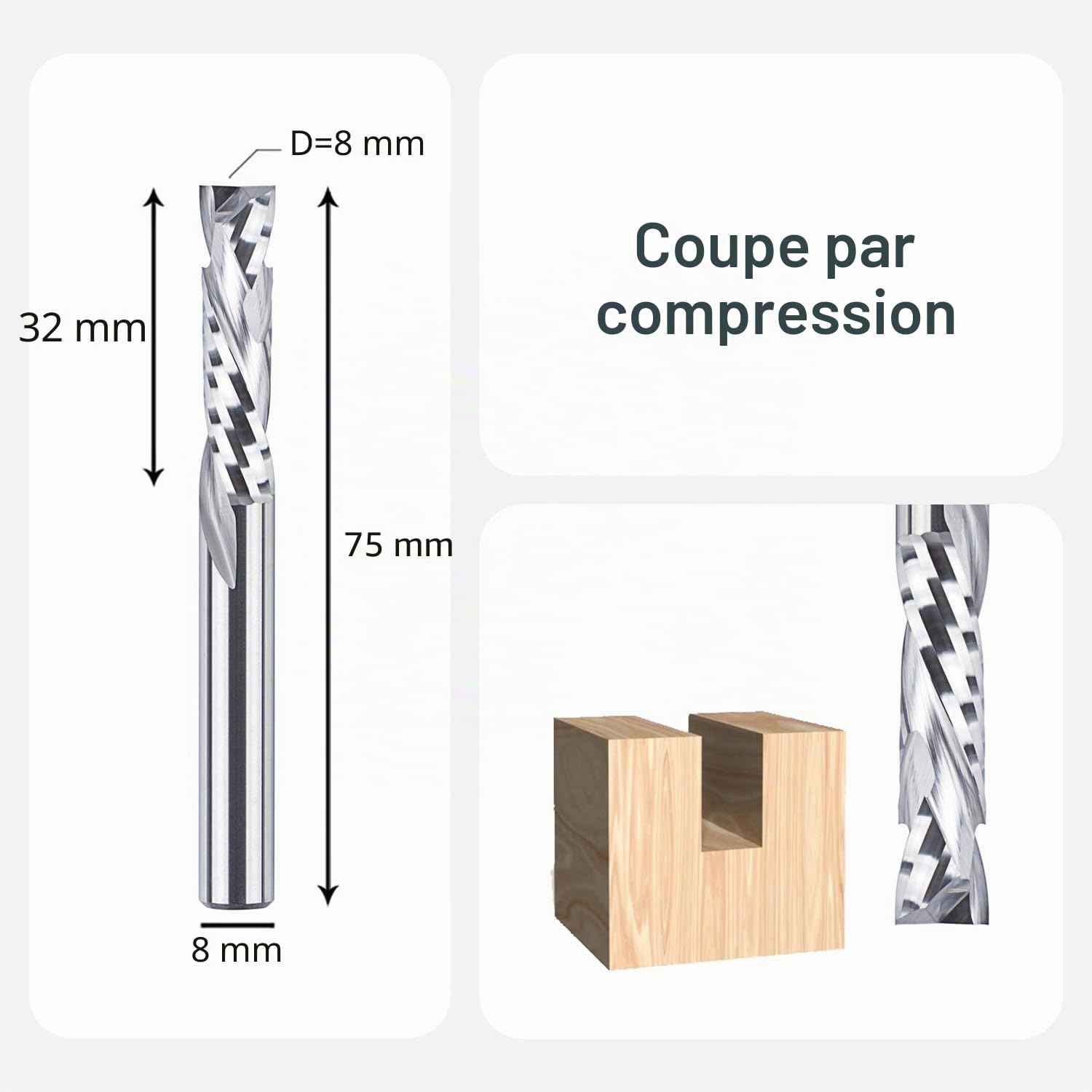 SpeTool Up&Down Fraise Defonceuse 8mm Diamètre de la tige Fraise a Rainurer Fraise CNC Fraise Helicoidale 32mm Longueur de coupe Compression HRC55 Fraise à Bois pour Gravure sur Bois Fraiseuse