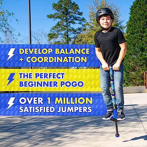 Image of Flybar Jolt Pogo Stick for Kids, Perfect for Beginners w /Foam-Covered Metal Frame, Handles & Padding, Non-Slip Foot Pads, Wide Tip, Outdoor Active Play Toy for Boys & Girls, Ages 6+, Geo