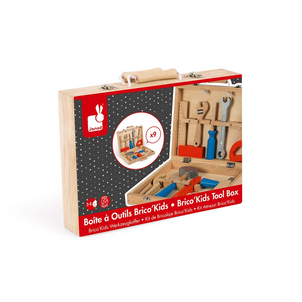 Janod - Brico'Kids Toolbox - Wooden Diy Tools for Kids - Imitation Toy - 9 Accessories Included - from 3 Years Old, J06481