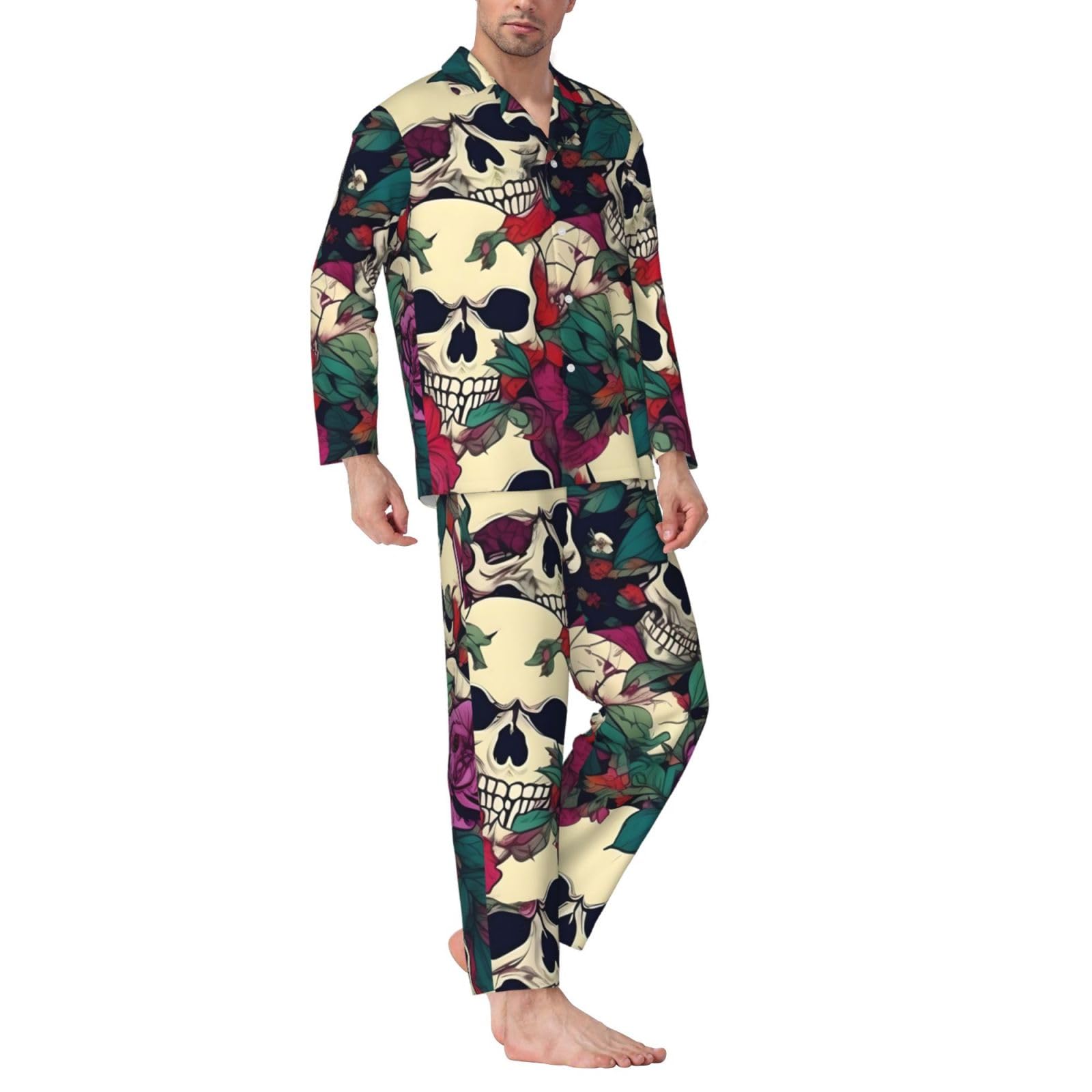 Langärmeliges Pyjama-Set für Herren, mit Blumenmuster, Totenköpfe, zweiteilig, bequem, Nachtwäsche
