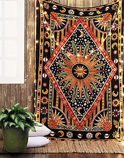 Sun and Moon Tapestry - 213x137 cm Cotton Indian Hippie Mandala Burning Sun Psychedelic Wall Hanging Bohemian Bedspread Trippy Celestial Zodiac Tapestries for Bedroom Decor