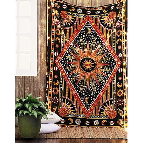 RAJRANG BRINGING RAJASTHAN TO YOU Wandbehang Hippie Sonne Mond Wandteppich Rot 213x137 cm Dekorativer Goa Trippy Baumwolle Tapestery Cover