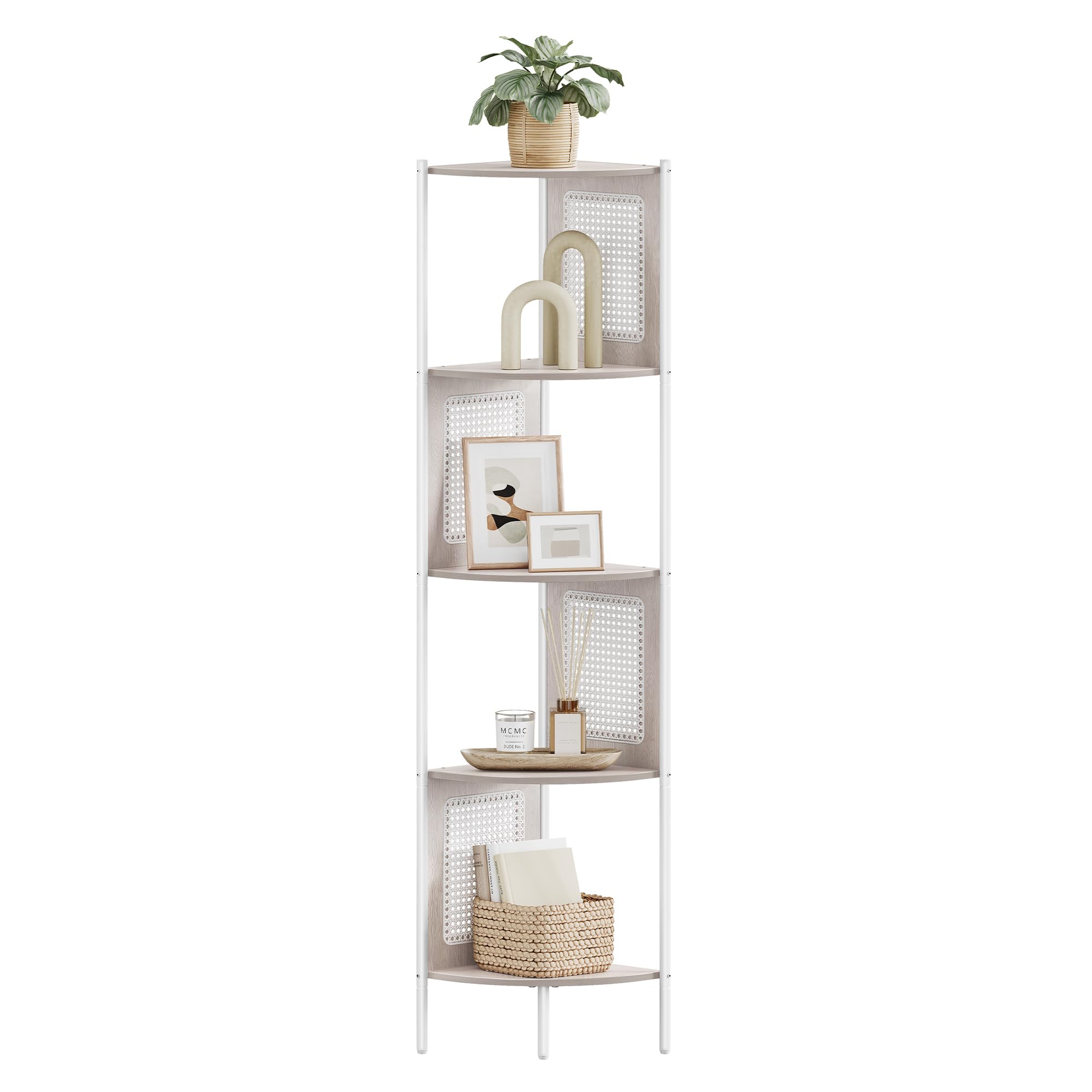 VASAGLE 5-Tier Corner Shelf Stand, Boho Corner Bookshelf with Polyrattan Sides, Plant Stand for Living Room Bedroom Study Kitchen, Oatmeal Beige ULLS5