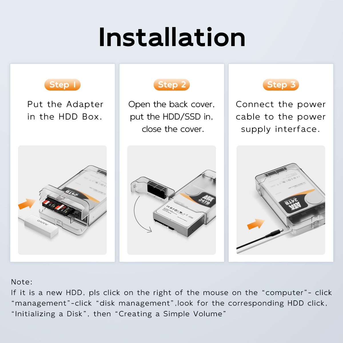 Three-step installation guide showing how to insert the adapter, place the hard drive, and connect the power cable to the enclosure.