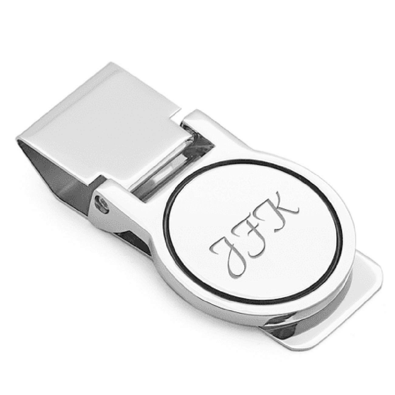 Executive Gift Shoppe | Polished Silver Round Face Personalized Hinged Money Clip wtih Custom Engraving