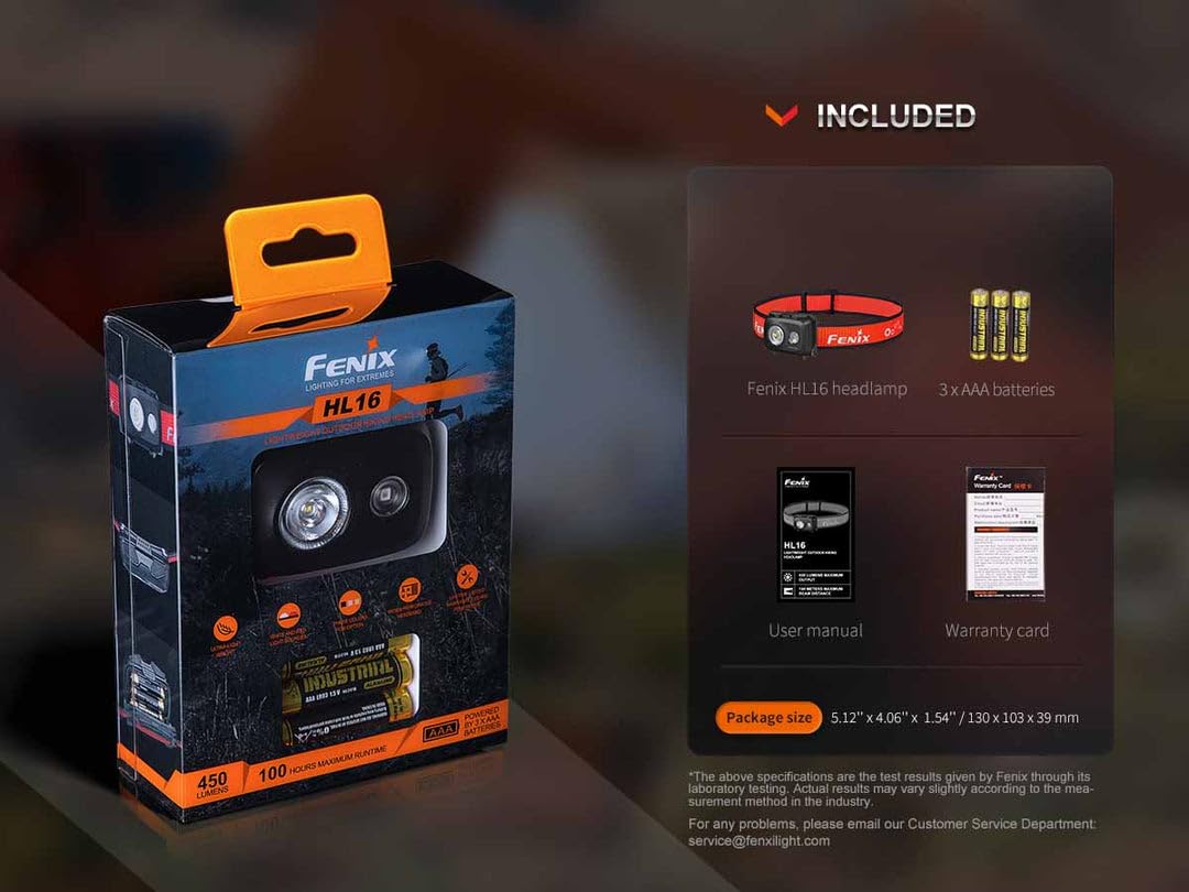 fenix HL16 - Linterna frontal multiusos ligera negra | 450 lúmenes | 104 m | 100 horas máx. | Alimentado por AAA | Modo de luz roja | Función SOS | IP66