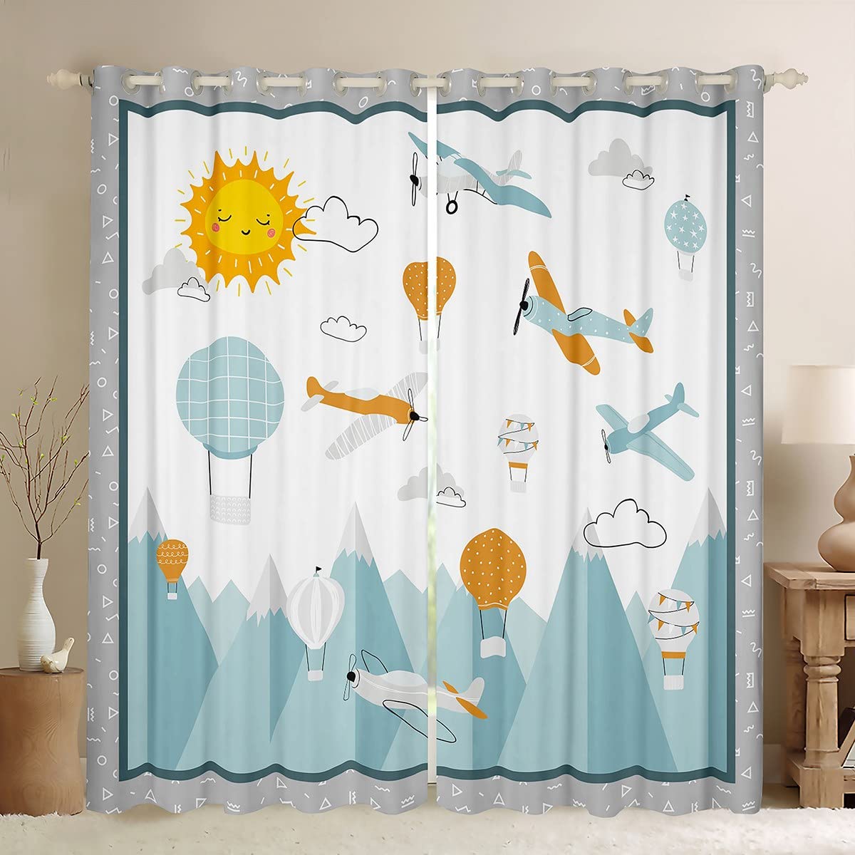 Rideau de fenêtre d'avion pour enfants, motif montgolfière, soleil, nuage, ciel pour filles et garçons, rideaux de traitement de fenêtre d'aviation à imprimé montagne, rideaux pour salon, 117 x 137 cm