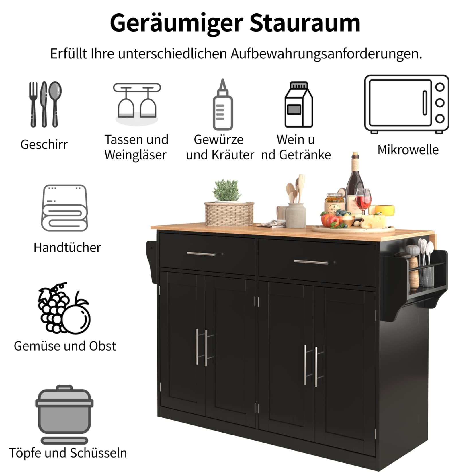 PUGSDRLY Desserte Cuisine avec Plan de Travail Pliable,roulettes et Pieds Amovibles,2 Tiroirs,Îlot Central,Buffet Cuisine,pour Cuisine,Salon et Salles à Manger,120x46x91.5(D-Noir)