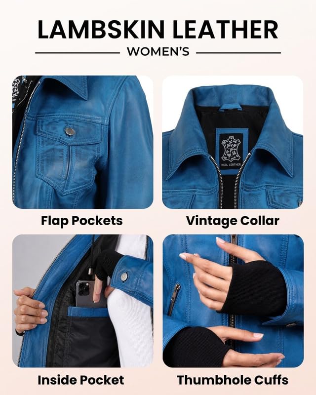 Image of Womens Leather Jacket with Detachable Hood - Real Lambskin Bomber Jacket Thumbholes Women