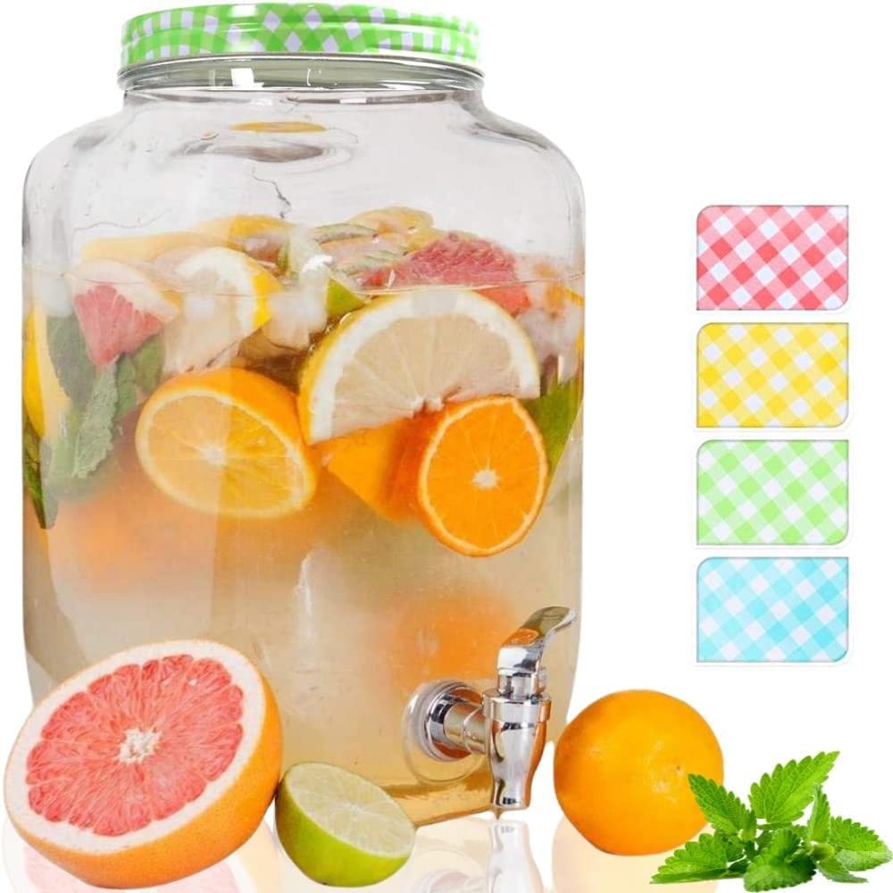 Yöl Green Large Glass Drinks Dispenser 8L Party Bbq Outdoor Style With Tap And Lid Easy Filling Wide Mouth Summer Cocktail Juice Water Carafe Jug