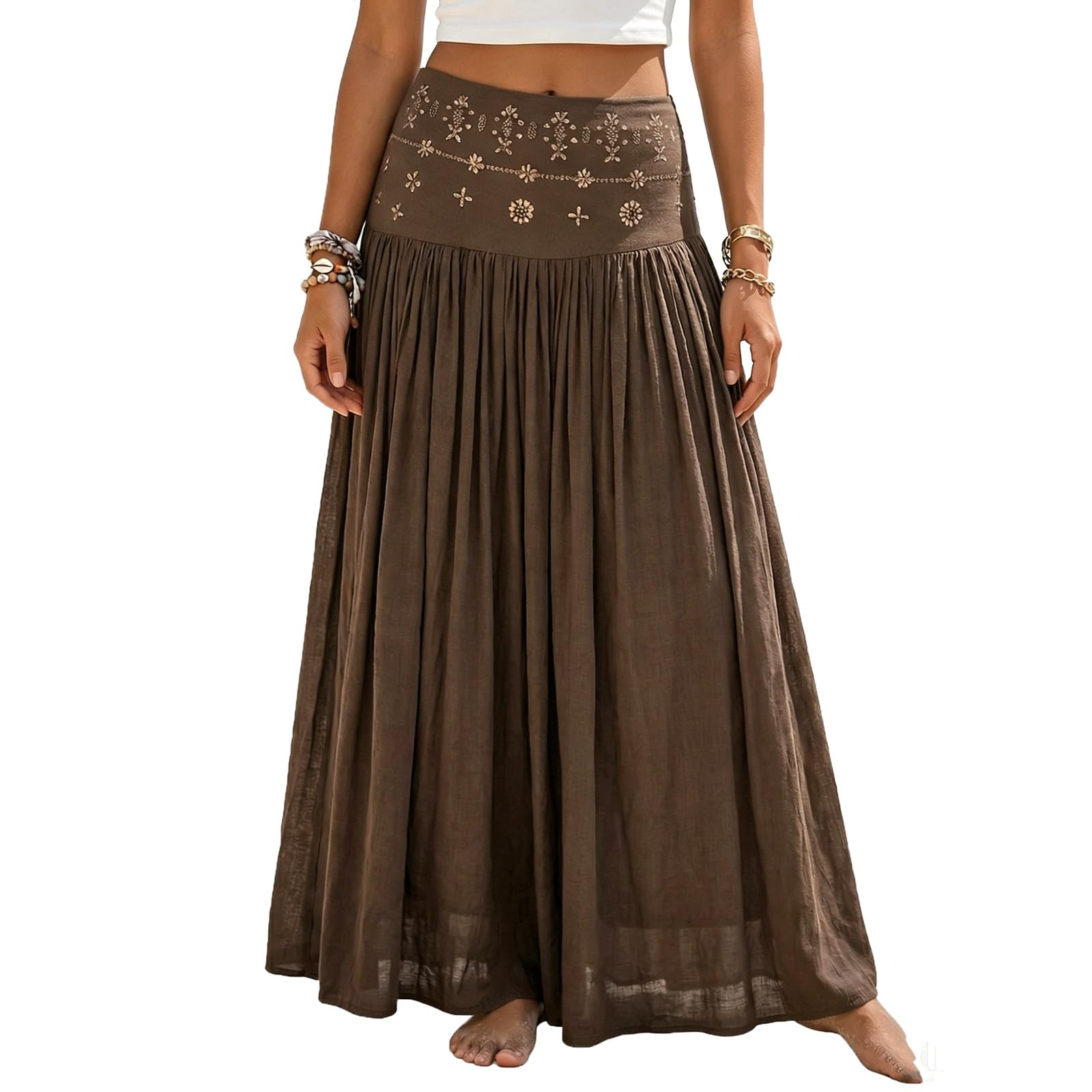 UYHBCNQD Women's Maxi Skirts Solid Color Midi Long Skirt Rhinestone Decor(Caf�,Lagre)