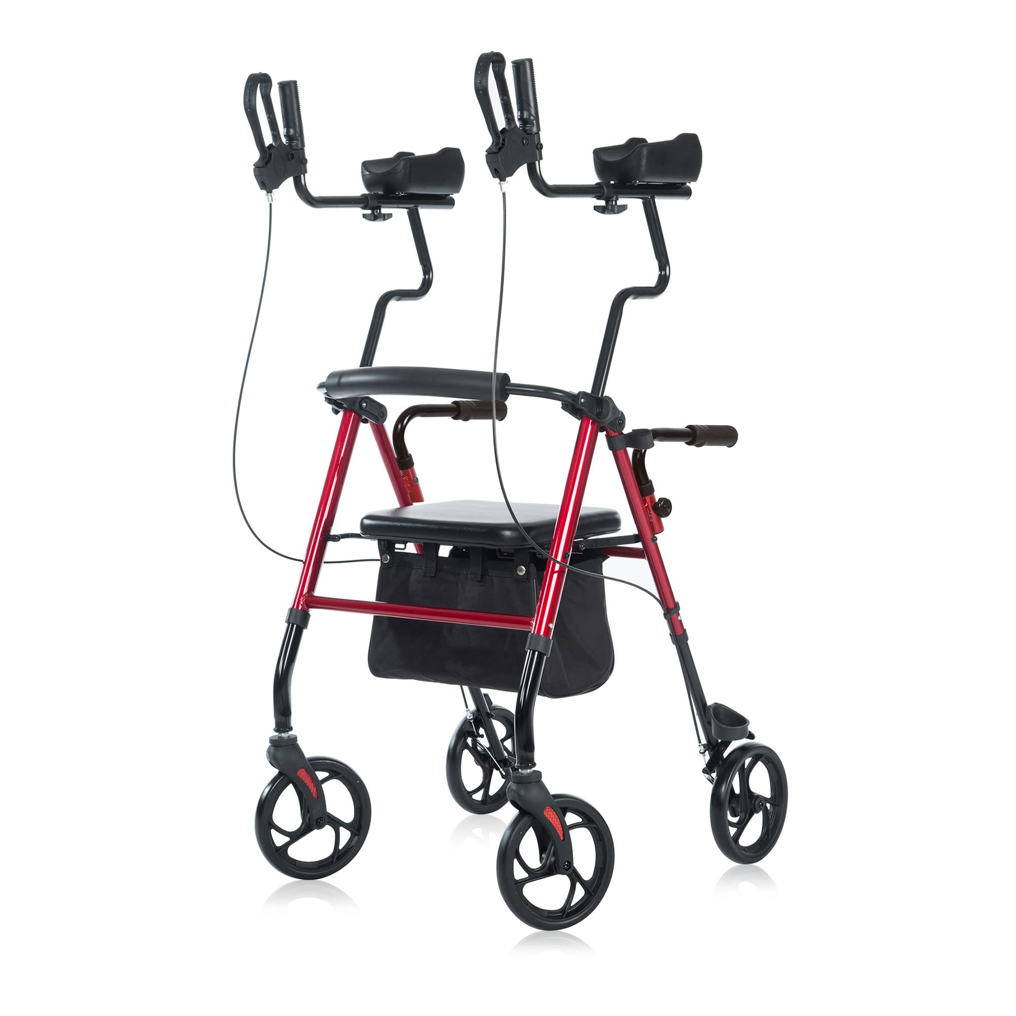ELENKER Upright Walker, Forearm Rollator Walker Stand Up Rolling Walker with Padded Seat and Backrest for Seniors from 5’ to 5’11”, Red