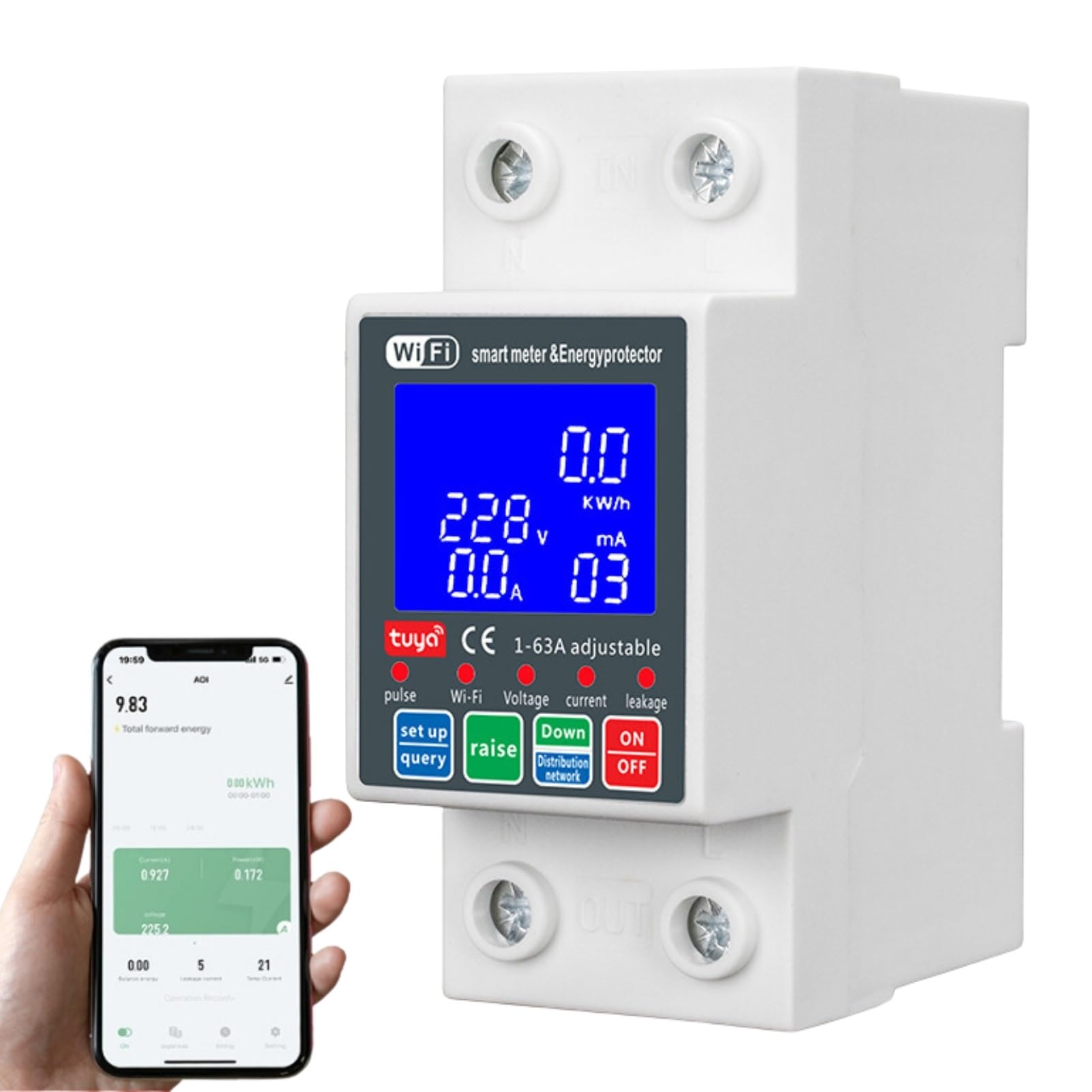 Jadeshay Smart Meter Tuya WiFi Circuit Breaker 2P AC230V 63A Wifi Smart Metering Switch with Backlight