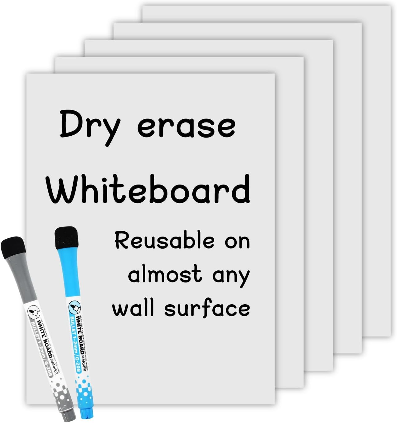 Self-Stick Dry Erase Sheets for Wall, Dry Erase White Board 9 x 12 Inch 5 Pack and 2 Marker, Whiteboards Restickable on Almost Any Wall surfacee
