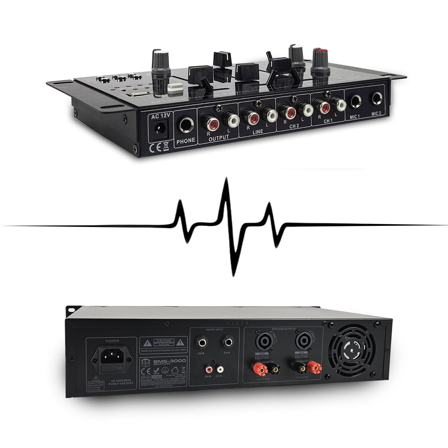 Pack Sono DJ Complet 3000W Amplification + Enceintes 2x2000W, Table Mixage USB Bluetooth, Portique d'Eclairage Multi-Effets LED