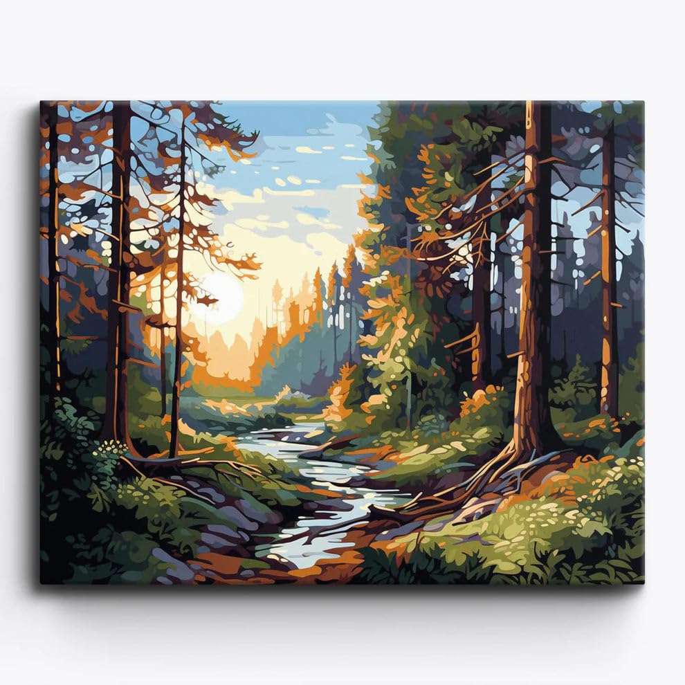 Image of Art Therapy Pcn20 Linen Canvas DIY Paint by Numbers Kit 15 x 20 Inch for Adults and Kids with 2 Set of Acrylic Oil Painting Colors with Brushes for Stress Relief, Relaxation, Focus & Home Decoration (Woods)