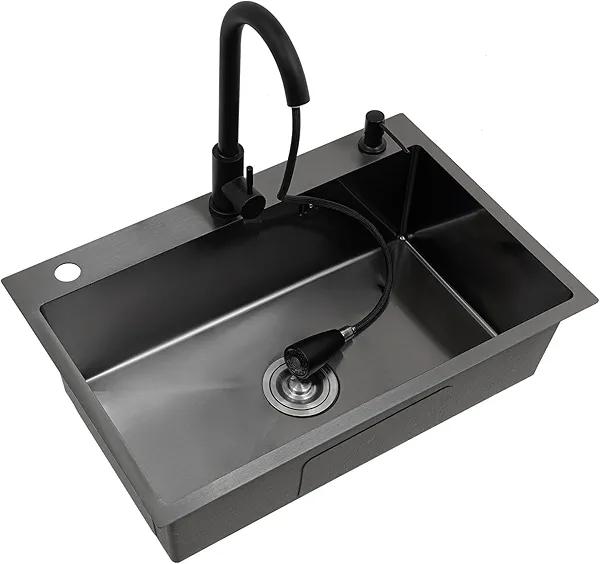 Stainless Steel Kitchen Sink with Pull-Out Faucet, 32-Inch Undermount Single Bowl, Drop In Workstation Sink, Complete Drainage Kit, Soap Dispenser, Large Rectangular Design for Modern Home (Black)