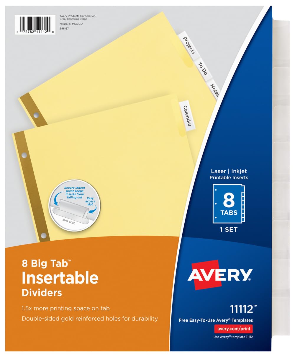 Avery 8-Tab Binder Dividers, Insertable Clear Big Tabs, 48 Packs (11112)