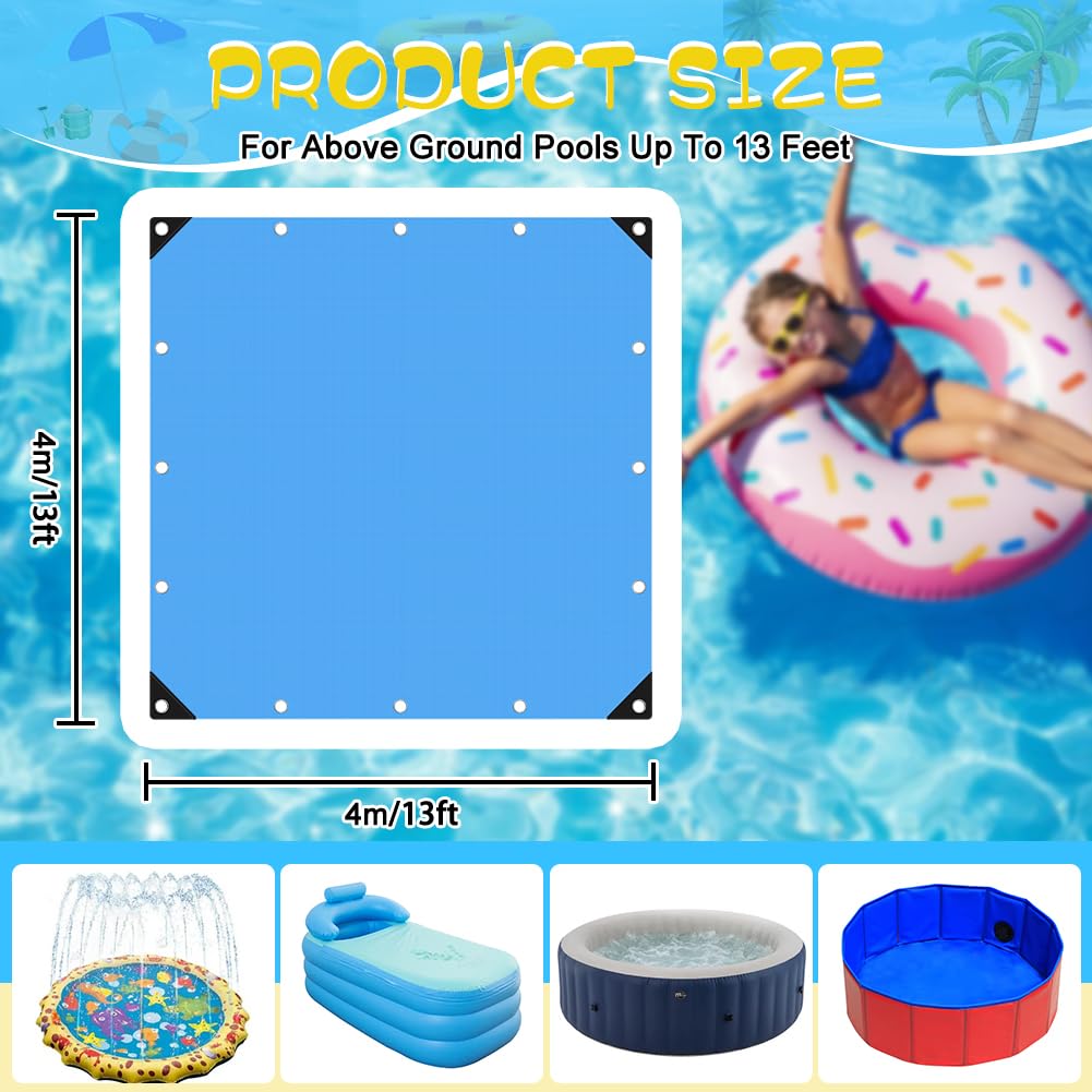 Roadtime Lona de suelo de piscina, 120 g/m², gruesa, cuadrada, con 4 ganchos y 20 m de cuerda de nailon, base de piscina con agujeros, lona impermeable y resistente a desgarros (4 x 4 m, azul)