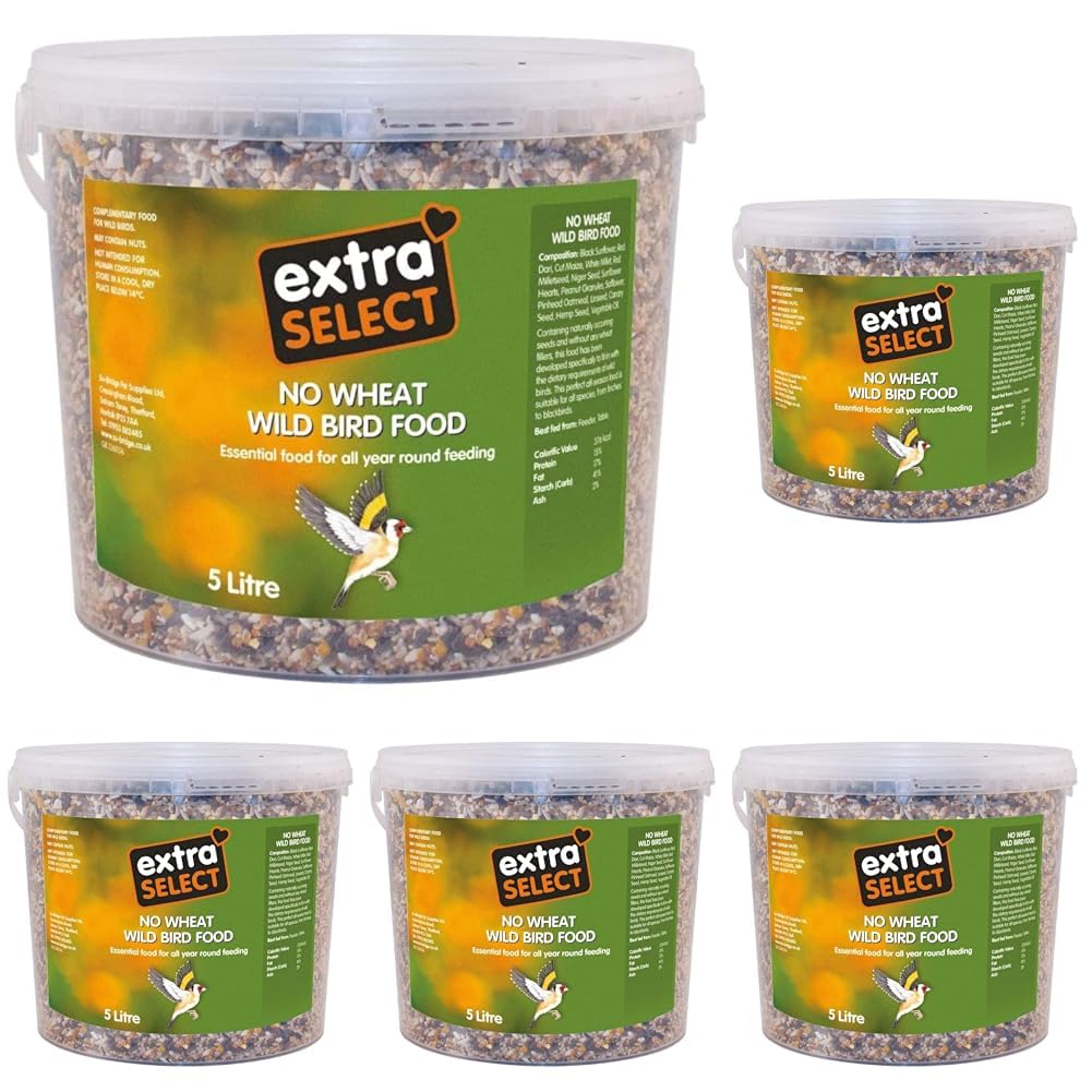 Extra Select No Wheat Wild Bird Food: Wheat Free Bird Seed for All Seasons, mixed Bird Feed - 5L Tub (Pack of 5) - 1