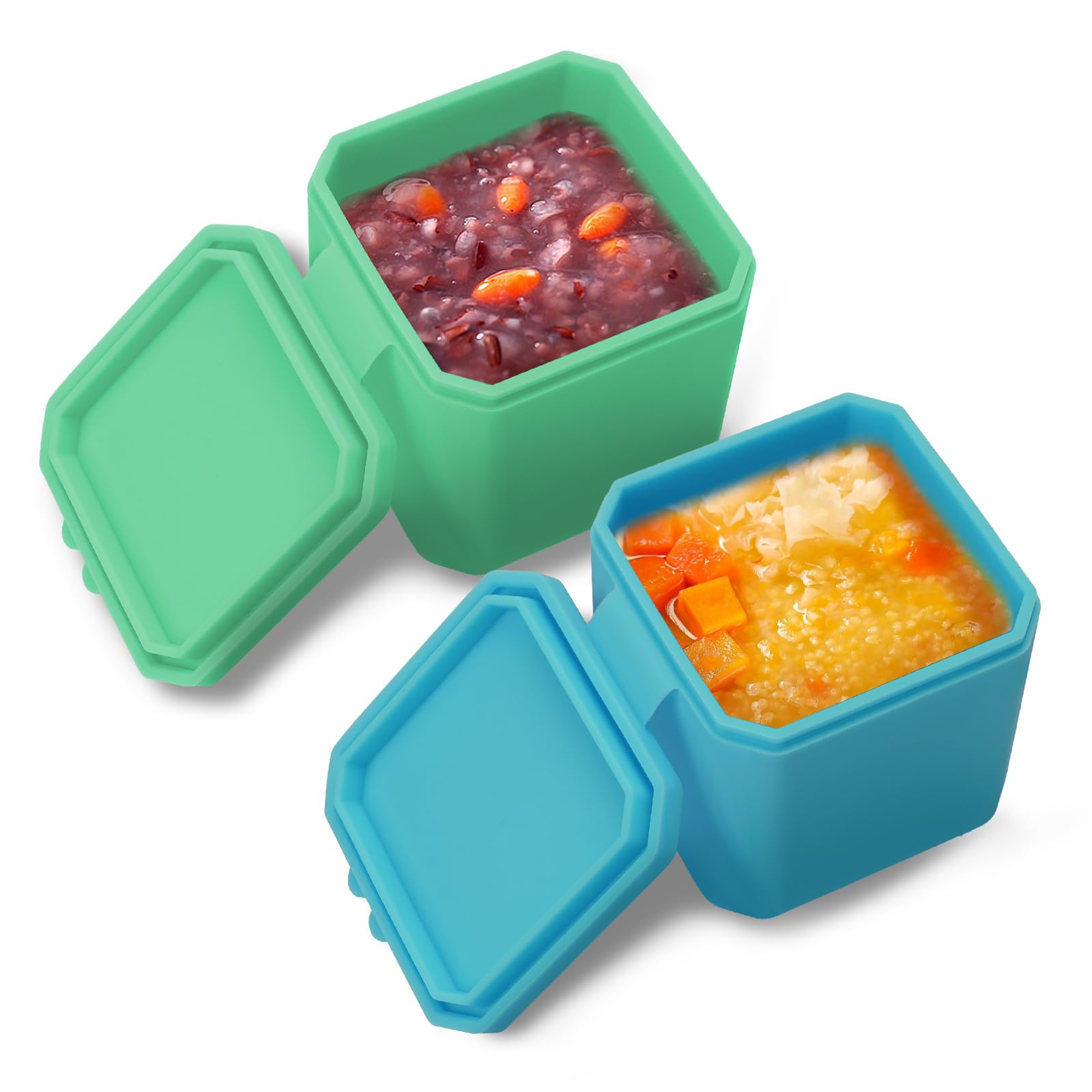 Adorila 2-Pack Silicone Dips Containers, 4oz Salad Dressing To Go Cups Compatible with Bento Lunch Box, Snack Condiment Boxes with Lids (Green/Blue)