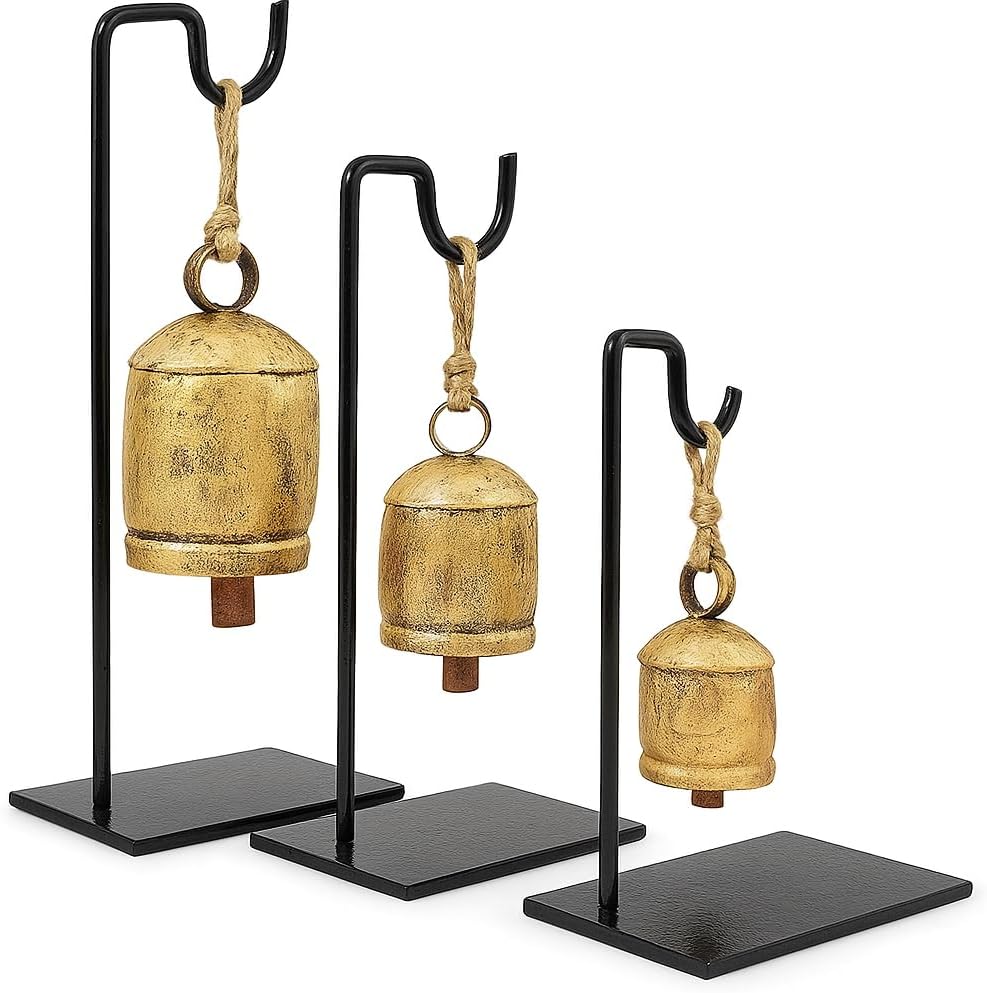 Antique Vintage Handmade Set of 3 Giant Harmony Cow Golden Solid Brass Bells, Premium Bells with Metal Stand, Bell for Door, Christmas, Home and Office Decor, Collectible Gift Item