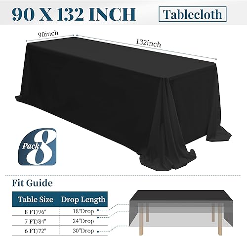 Miniatura 2 de Fani Paquete de 8 manteles de poliéster negro de 90 x 132 pulgadas, rectangular, resistente a las arrugas, para mesas de 6 pies, eventos formales e