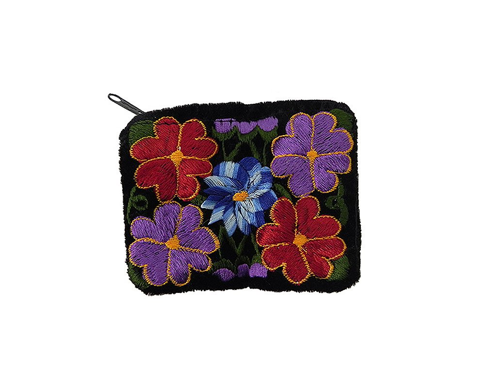 Mia Jewel ShopFloral Embroidered Soft Velvet Cotton Coin Purse Zipper Pouch - Womens Fashion Handmade Bags Boho Travel Accessories (Black)
