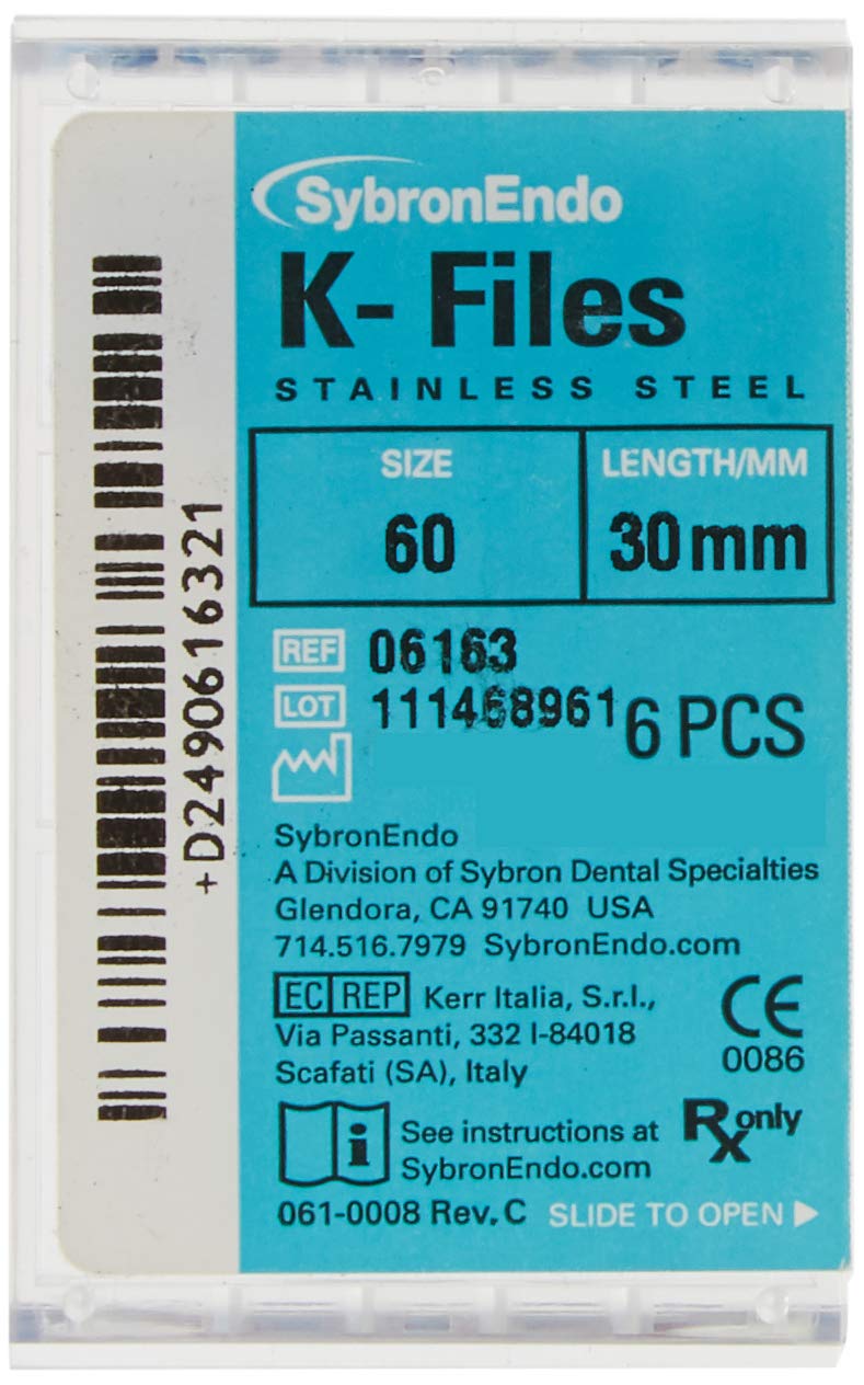 SybronEndo 6163 Endo Hand K-File, 0.02 mm Taper, 30 mm Length, Stainless Steel, 60 Tip Size, Blue (Pack of 6)