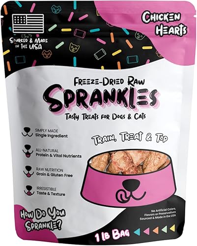 Miniatura 1 de SPRANKLES Golosinas de corazón de pollo liofilizadas para gatos y perros, un solo ingrediente, totalmente natural, sin granos, con alto contenido de
