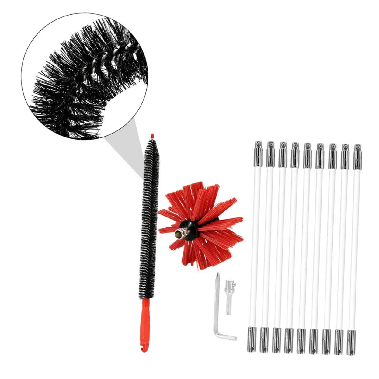 Spazzola per Stufa 9 Aste in Nailon Flessibili per Canne Fumarie | Kit Spazzacamino, Pulizia Tubi Pieghevoli, Non Graffia, per Canne Metalliche e Camini in Mattoni