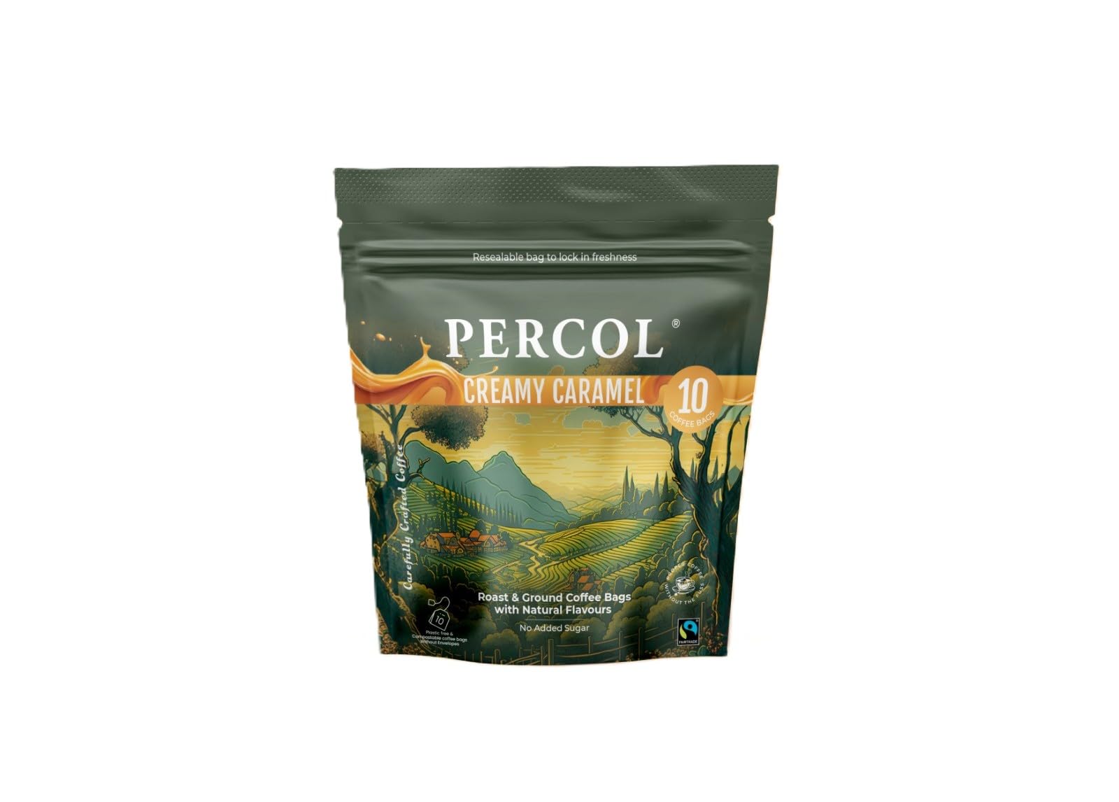 Percol Creamy Caramel Flavoured Ground Coffee Bags – 10 Cups (10 x 8g Bags) – Smooth, Indulgent Flavour