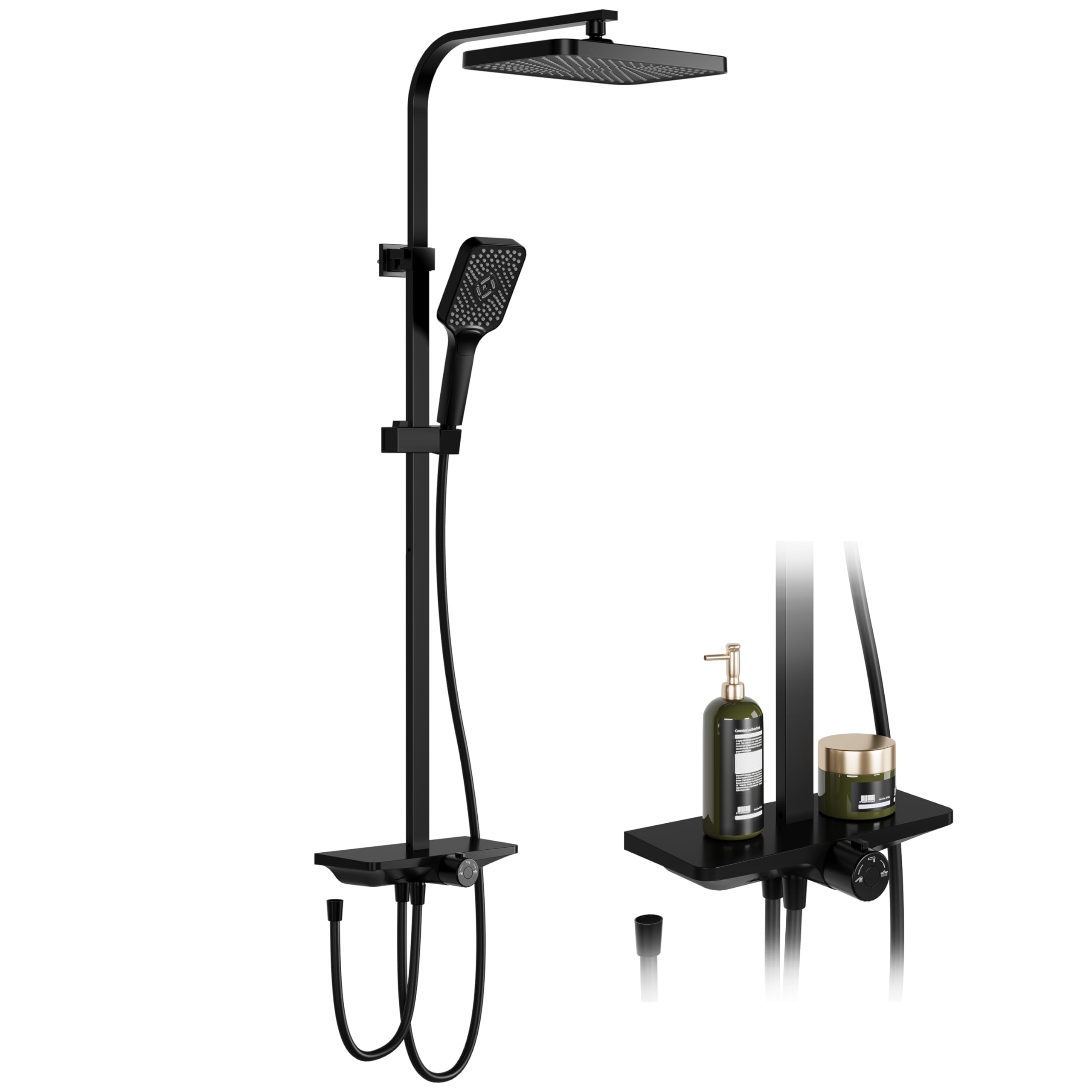 mecanismo de ducha lluvia en acero inoxidable sin grifería – Repisa incluida – Columna ajustable – Cabezal amplio rectangular 30x20 cm –Negro – Tubo cuadrado