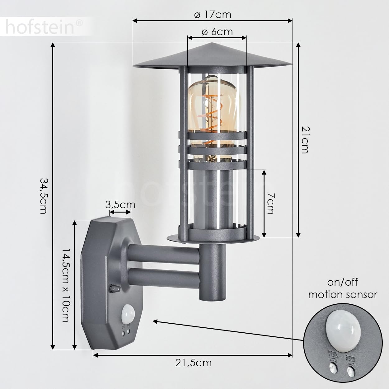 Zewnętrzna lampa ścienna Forli, lampa ścienna z czujnikiem ruchu wykonana z metalu/szkła w kolorze antracytowym/przezroczystym, lampa ścienna z kloszem wykonanym ze szkła/patio, E27, bez żarówki, IP44