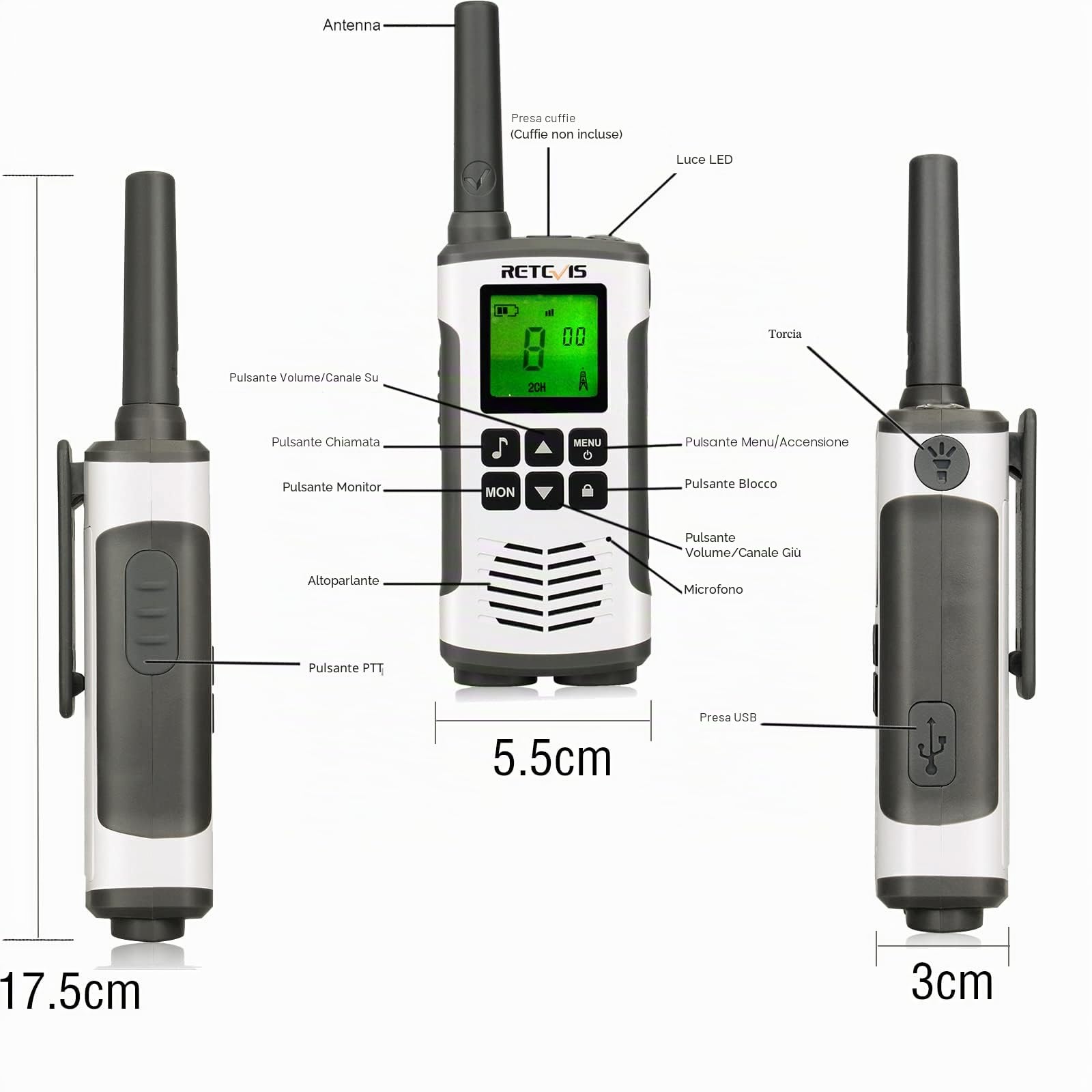 Retevis RT45 Walkie Talkie, Ricaricabili Ricetrasmittenti Professionali | PMR446 Woki Toki, Ricarica USB, VOX 16 Canali Torcia, Portatile Walkie-Talkie Professionali per Campeggio, Viaggio Esterni