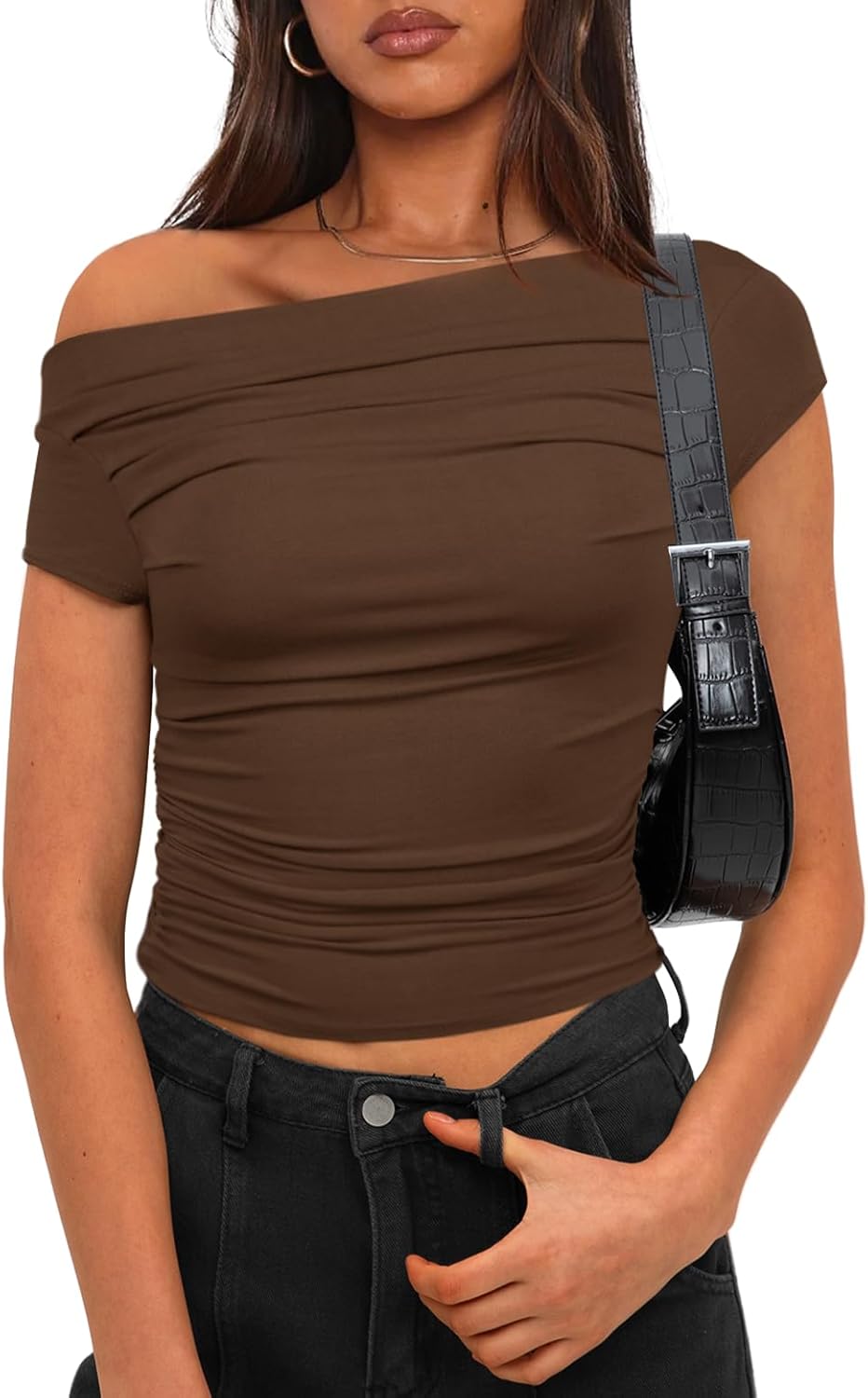 Darong Women's Summer Cap Sleeve Boat Neck Off Shoulder Top Going Out Slim Fit Tops Y2K Tight Shirts