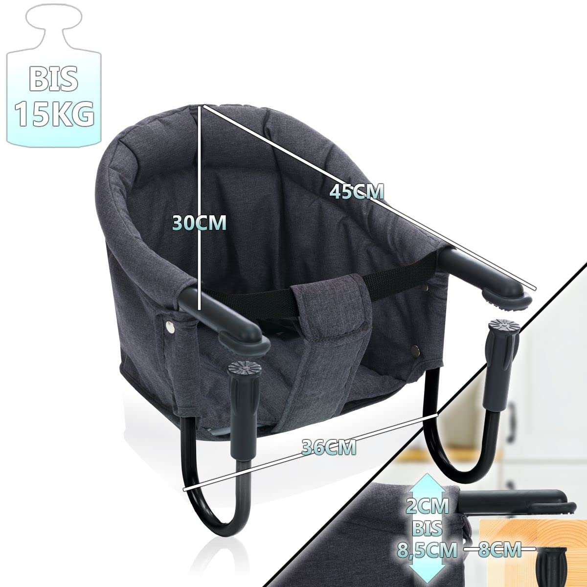 Tischsitz Baby Stuhlsitz mit Transporttasche für Tischplatten von 2 bis 8,5 cm