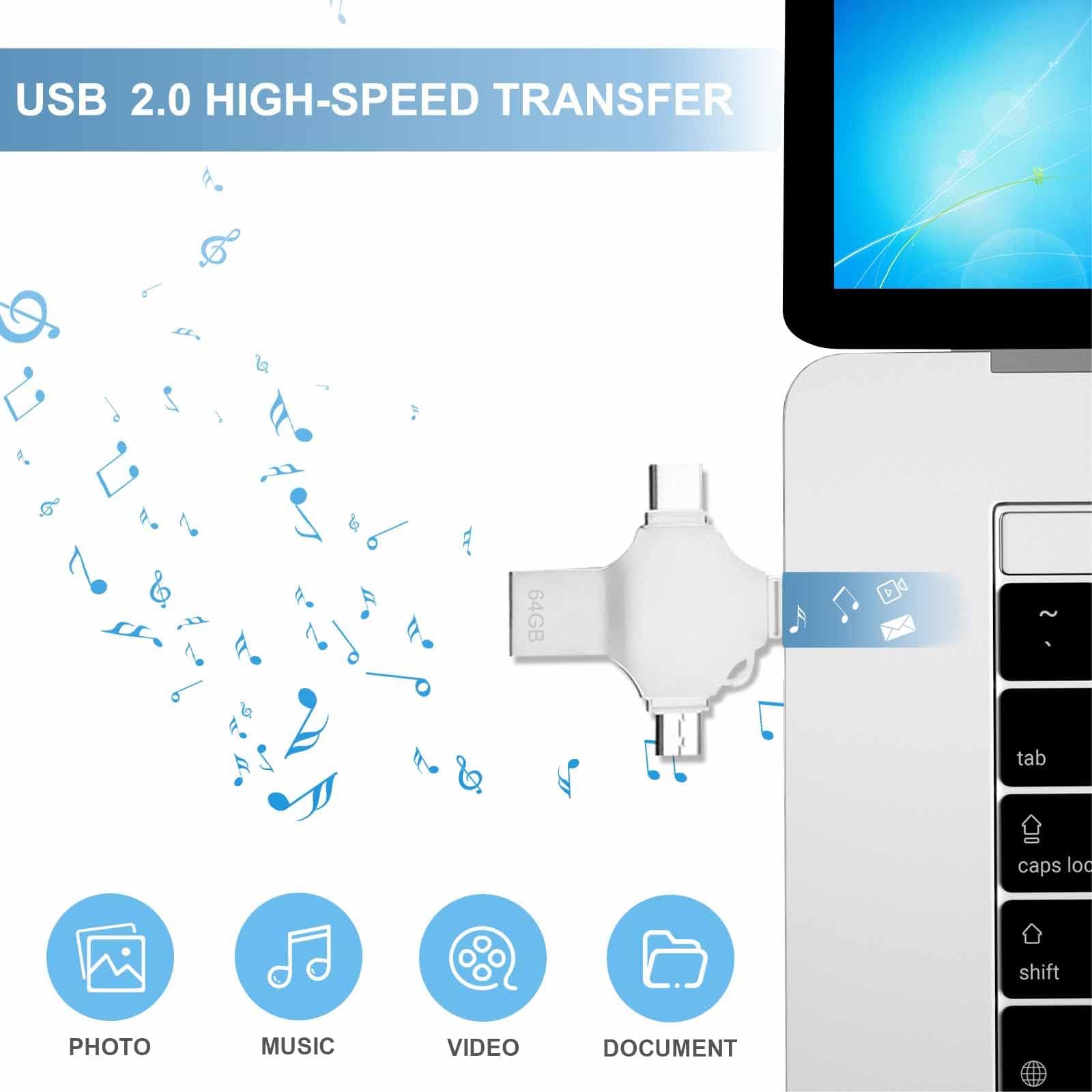 USB 2.0 Flash Drive 64GB 4 in 1 USB C Stick Thumb Drive Memory Stick High Speed USB Drive Portable Photo Stick External Storage Drive Compatible with Computers Smartphone Laptop PC - Image 4
