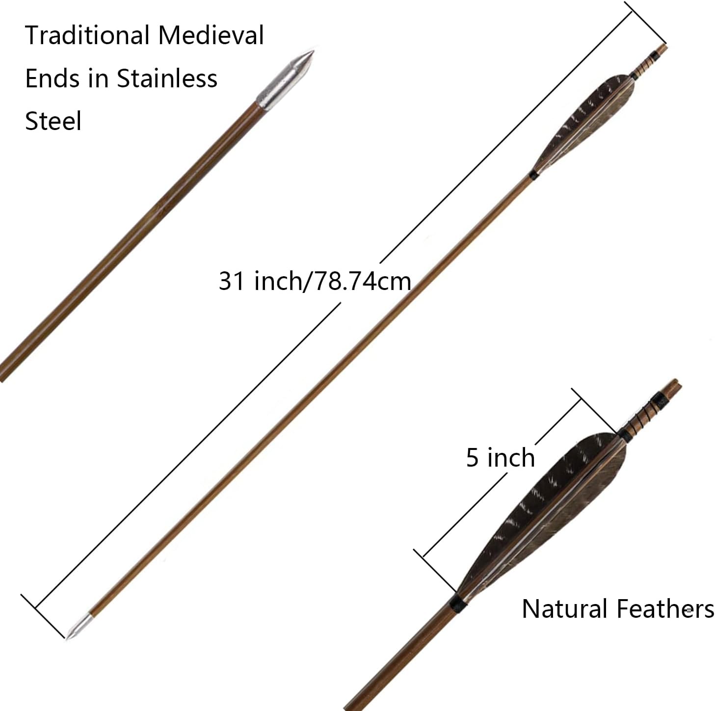 TOPARCHERY 6pcs 31 inch Bamboo Arrows with Medieval Arrow Heads and 5 Inches of Natural Feathers for Traditional Bow Recurve Bow