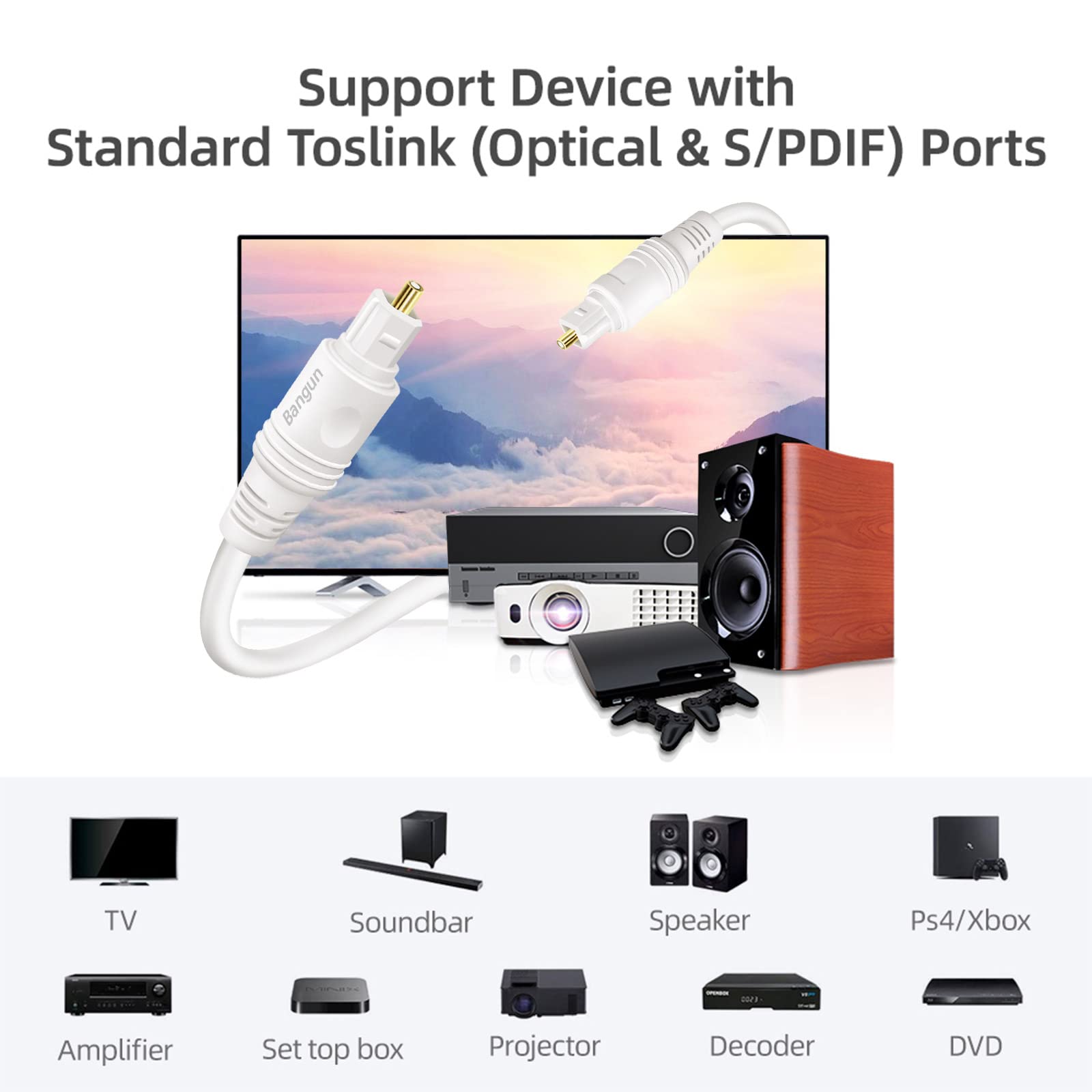 Câble audio optique blanc de 18,3 m, câble audio numérique Toslink, câble audio à fibre optique, câble optique pour barre de son, TV/PS4/Xbox