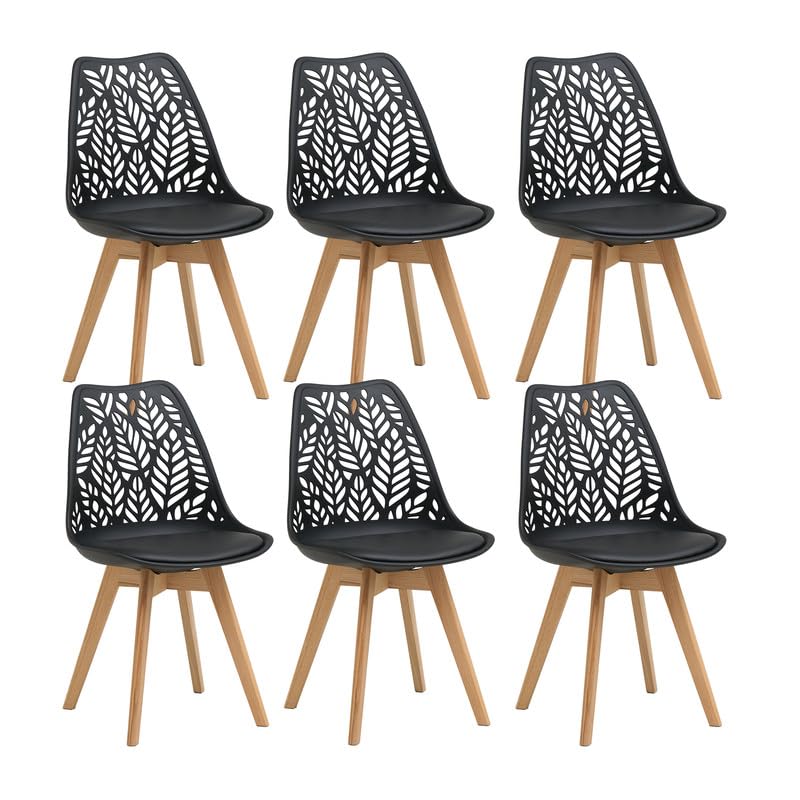 DEYARNA HOME Lot de 6 Chaises de Salle à Manger Design Scandinave – Assise Rembourrée Similicuir, Pieds en Hêtre Massif, Dossier Ajouré Feuille en...