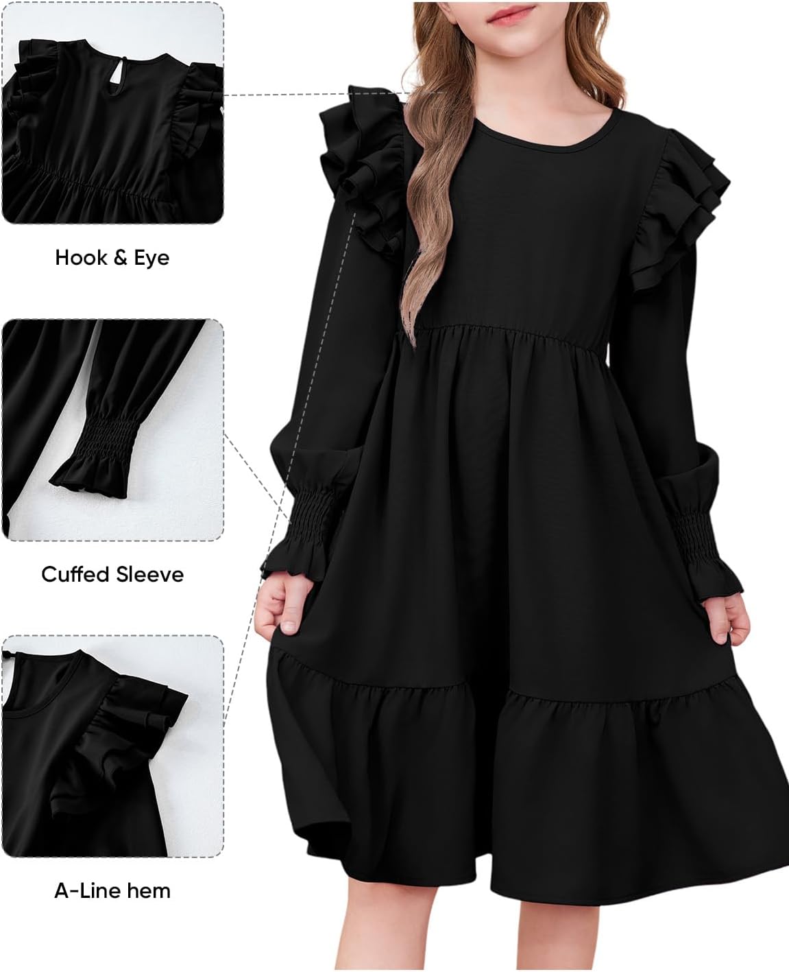 blibean Girls Cotton Long Sleeve Dresses Ruffled Boho Tiered Dress Size 6-15 Years - Image 5