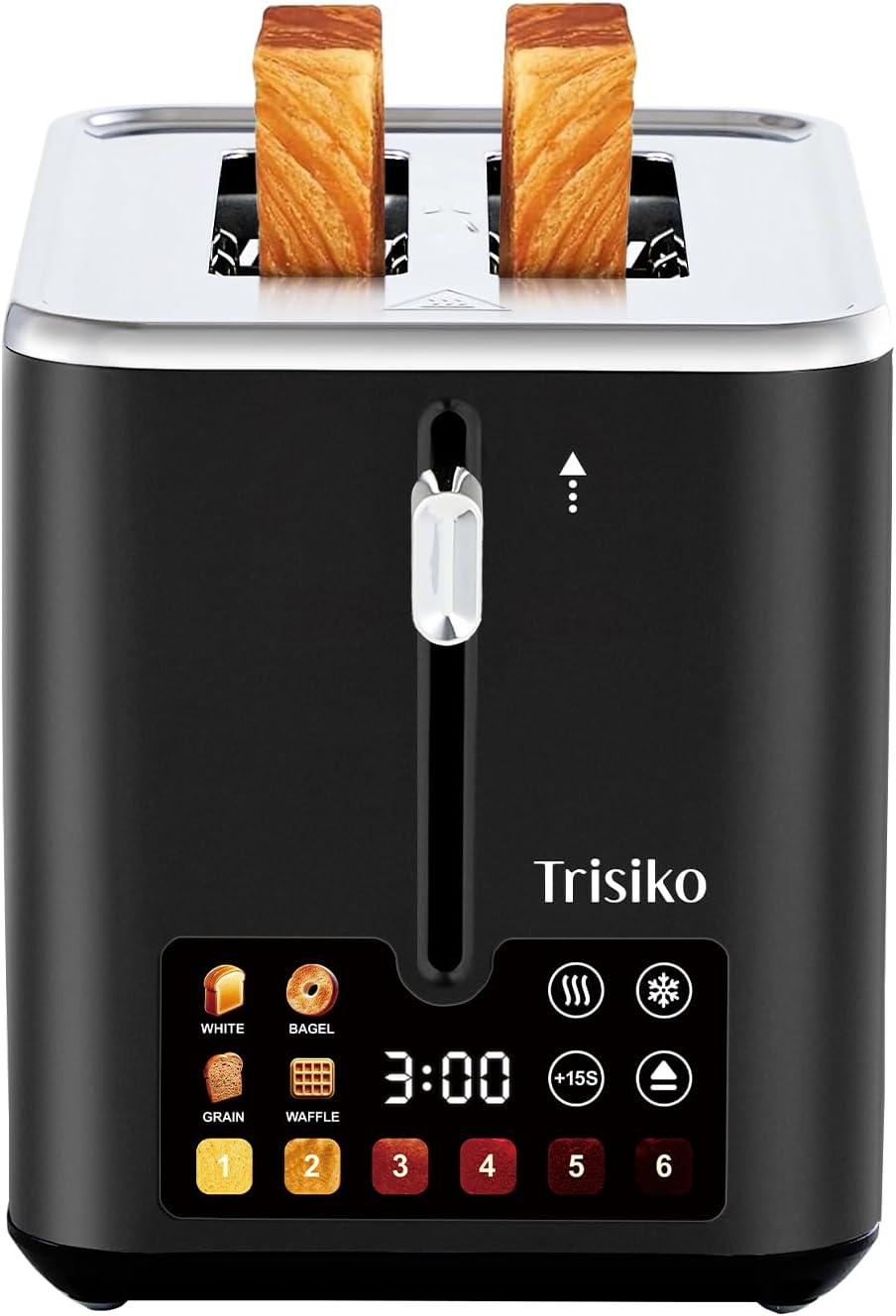 Trisiko® Touch Screen Toaster 2 Slice, Stainless Steel Smart Toaster with Digital Timer, 1.38" Extra-Wide Slots for Bread& Bagel, Great for Home, Office,Dorm (Black)
